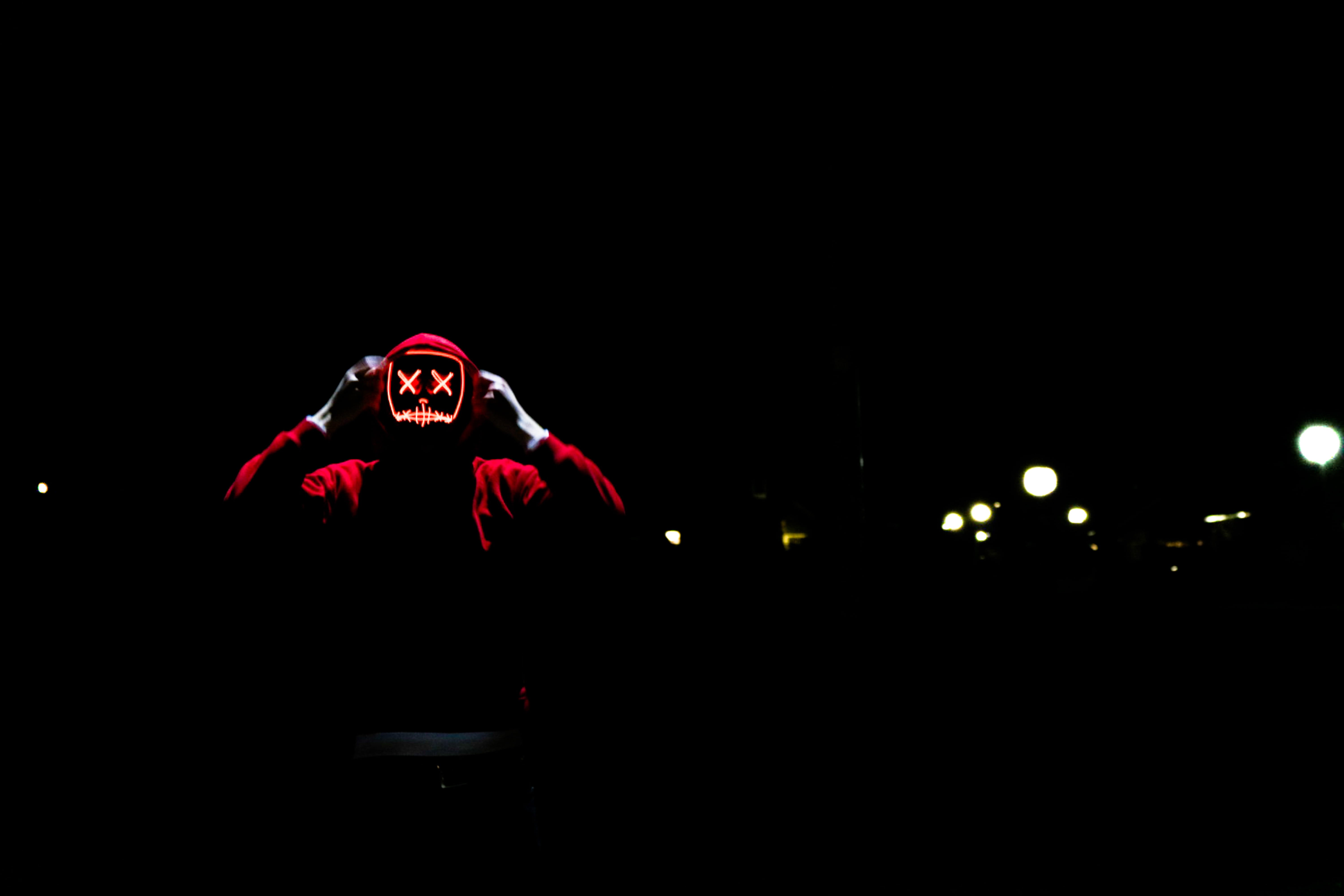 marshmello, mask, red, illuminated, young adult, hoodie, black background, three quarter length, night, clothing, wearing, standing, double, costume, color, HD Wallpaper