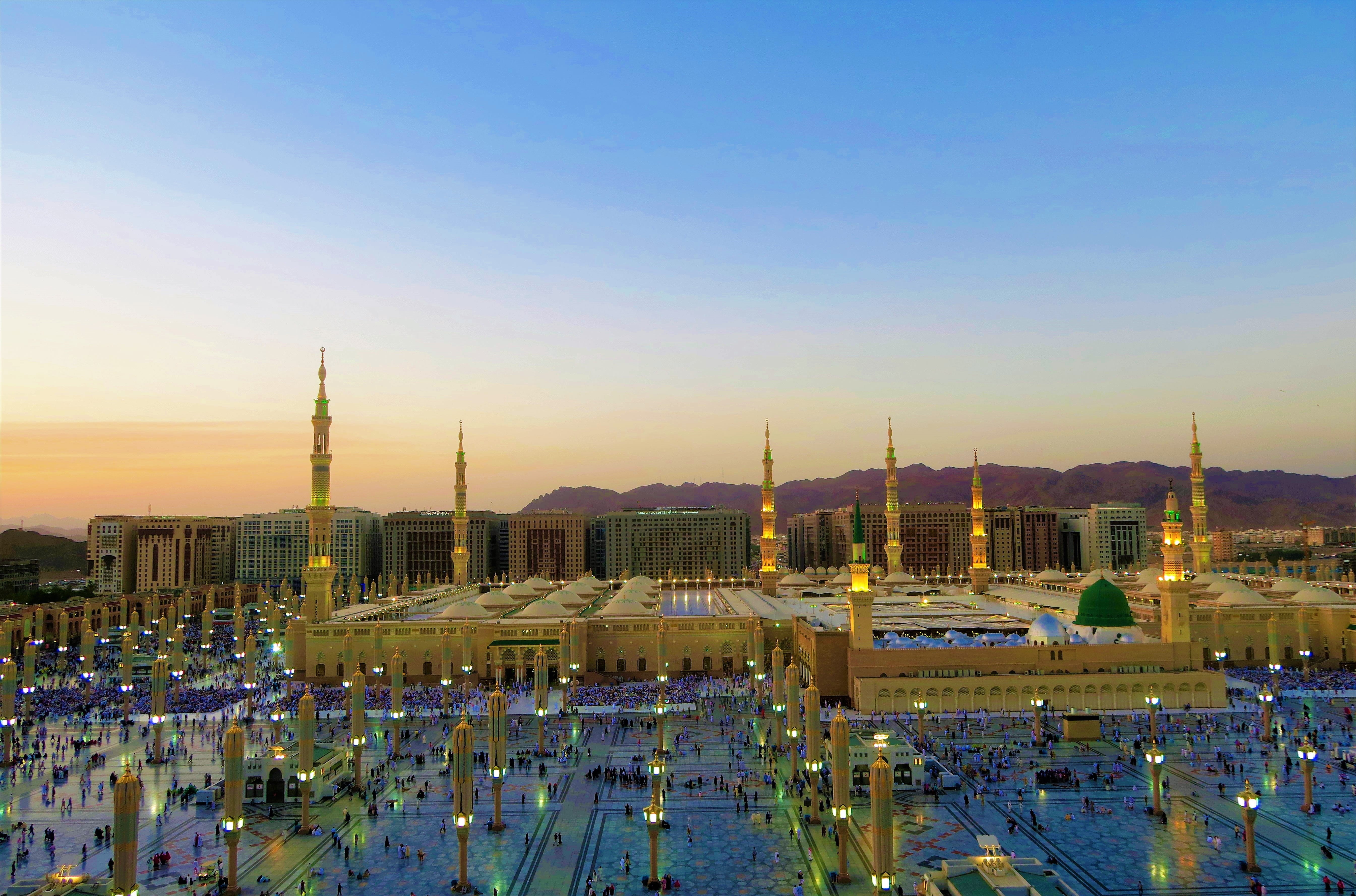 building, illuminated, religion, skyscraper, medina, architecture, masjid nabawi moment, luxury, travel, city, office building exterior, cami, tower, islam, HD Wallpaper