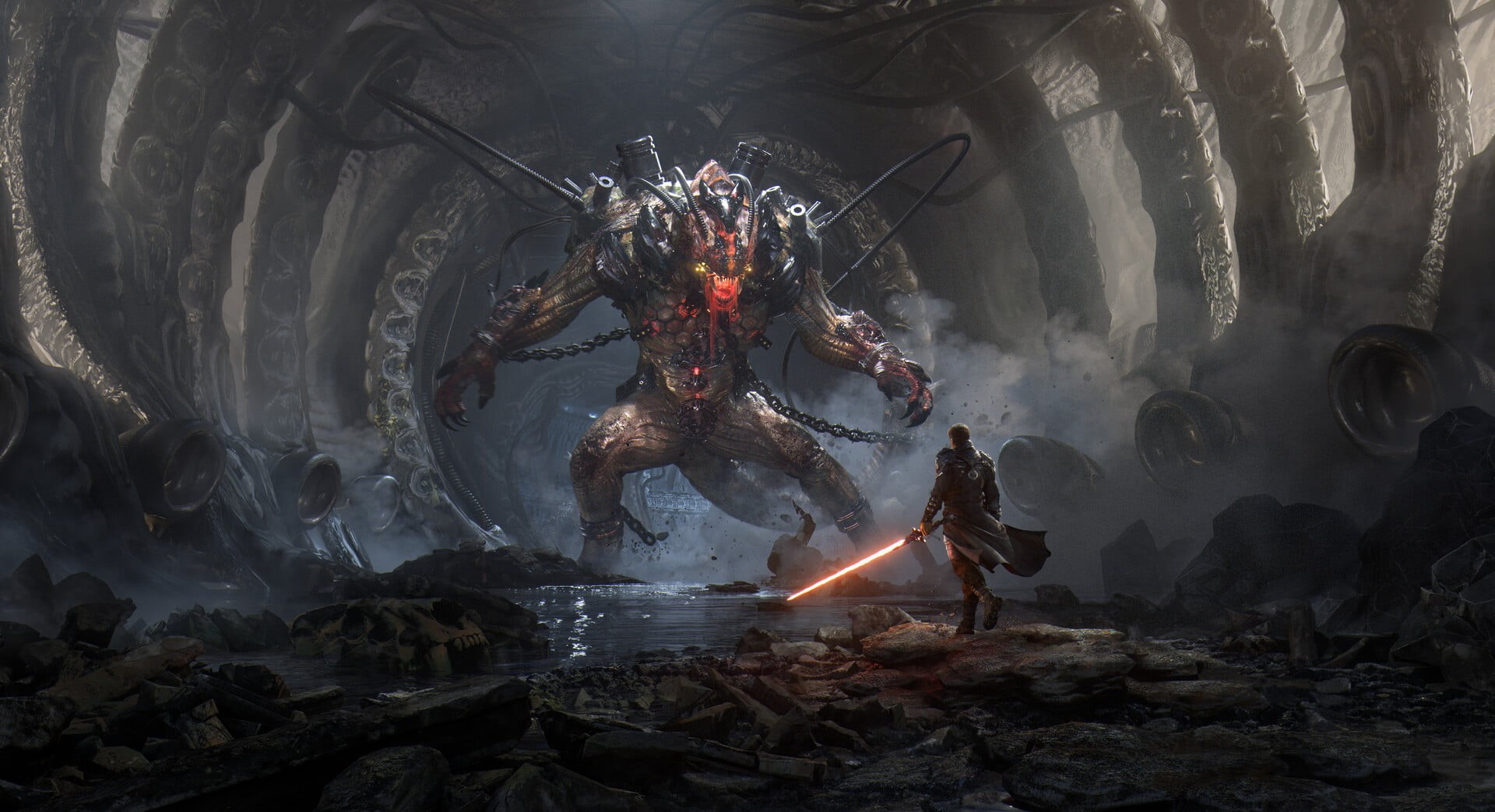 artwork, Fantasy Men, environment, 1080P, original characters, science fiction, concept art, digital art, lightsaber, Clash, creature, illustration, fantasy art, HD Wallpaper