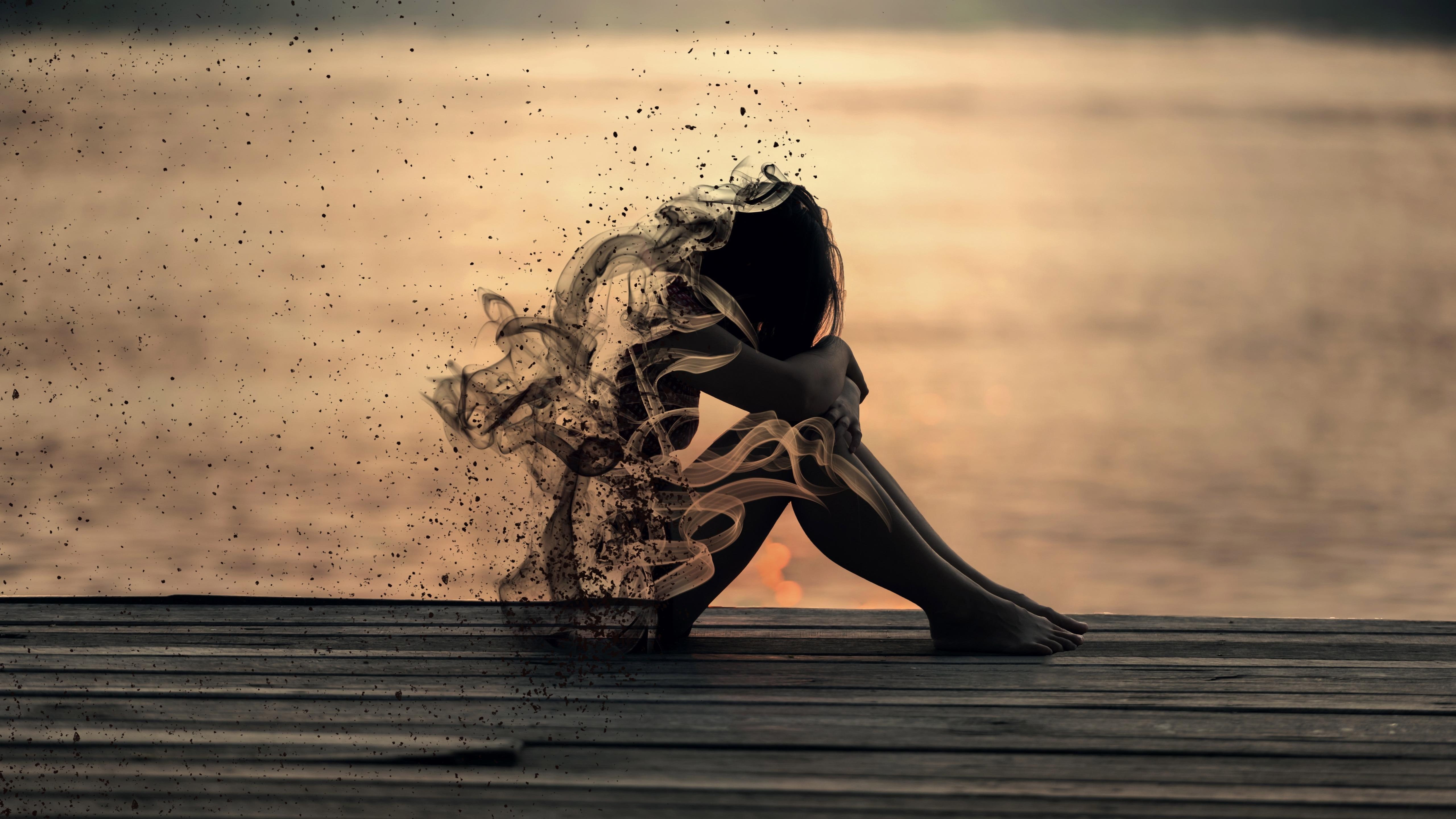 passing, disappearing, smoke, pier, girl, artwork, evanescence, ghost, artistic, art, 5K, disappear, transience, HD Wallpaper