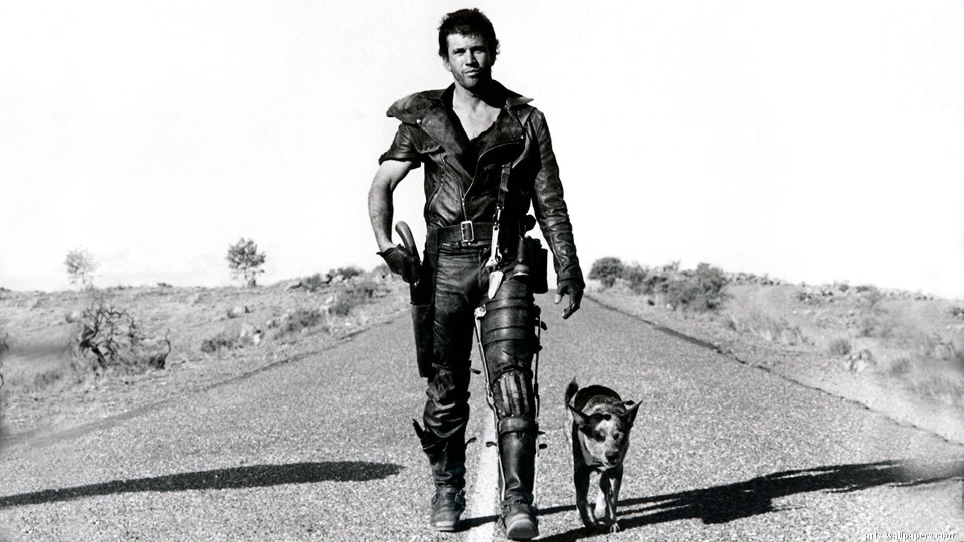 photo, man, front view, domestic animals, portrait, adult, 1980s, standing, domestic, dog, Mel Gibson, young adult, Mad Max, one person, full length, 1080P, HD Wallpaper