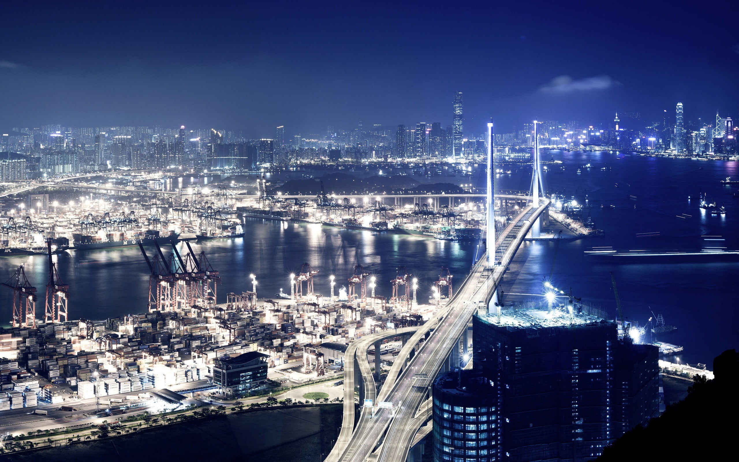 Stonecutters Bridge, outdoors, modern, city, travel destinations, skyscraper, building exterior, 2K, transportation, architecture, water, harbor, building, HD Wallpaper