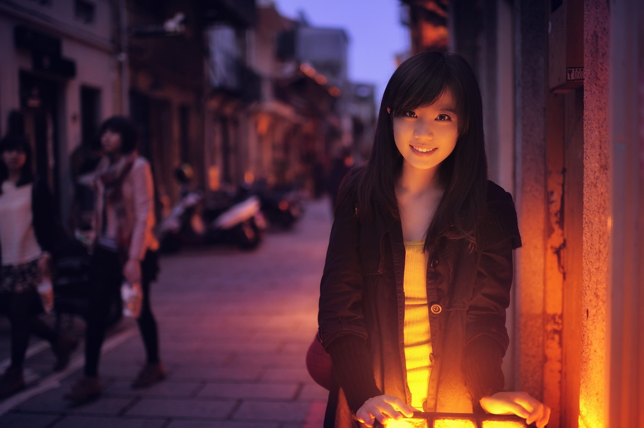 Asian, city, adult, focus on foreground, women, portrait, contemplation, casual clothing, brunette, real people, long hair, black coat, architecture, looking at camera, HD Wallpaper