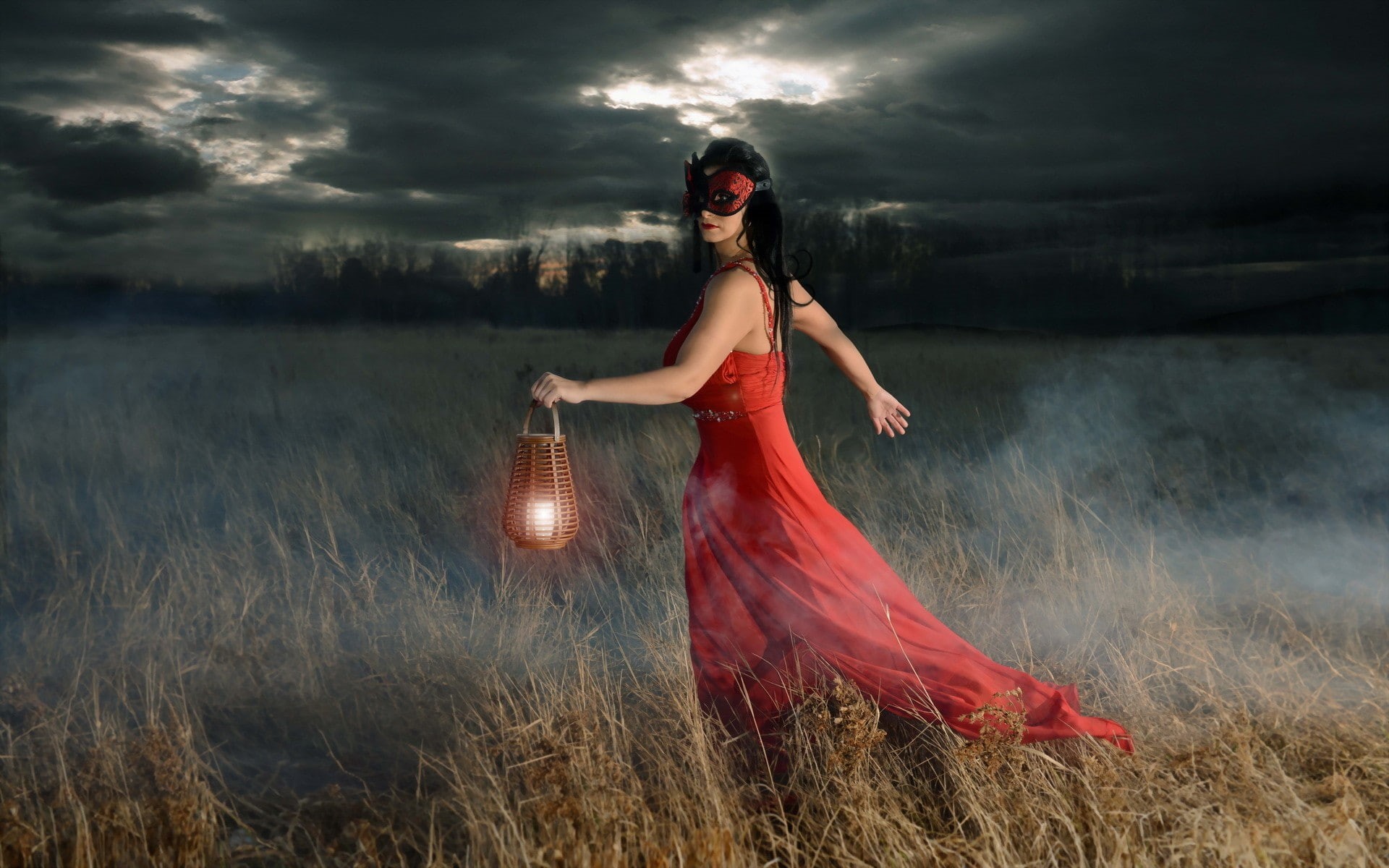 artificial lights, women outdoors, black hair, face mask, red dress, 1080P, women, HD Wallpaper