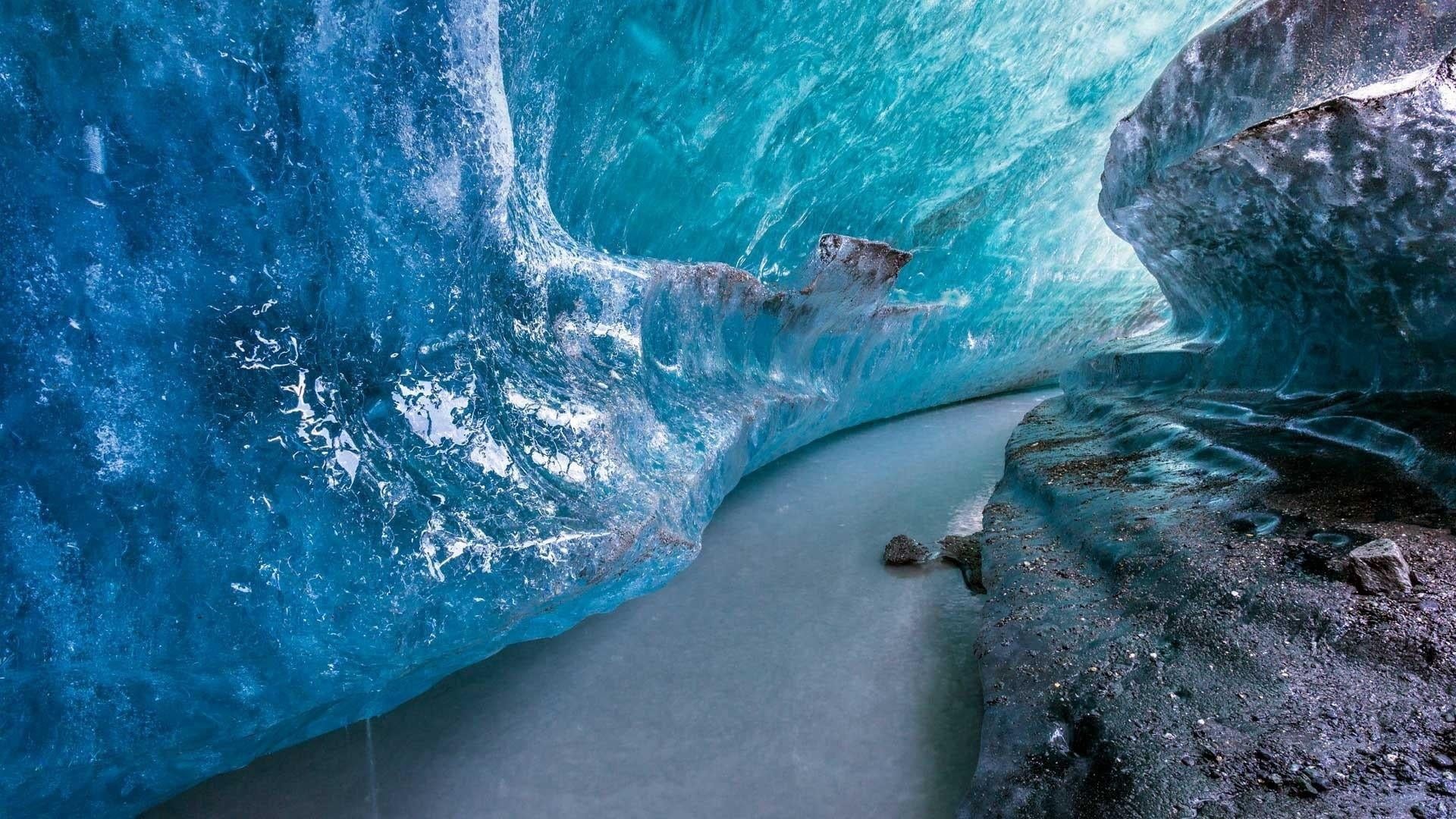 beauty in nature, 1080P, no people, outdoors, ice tunnel, alaska, matanuska glacier, ice, formation, blue, cold temperature, motion, lagoon, glacier, rock, HD Wallpaper