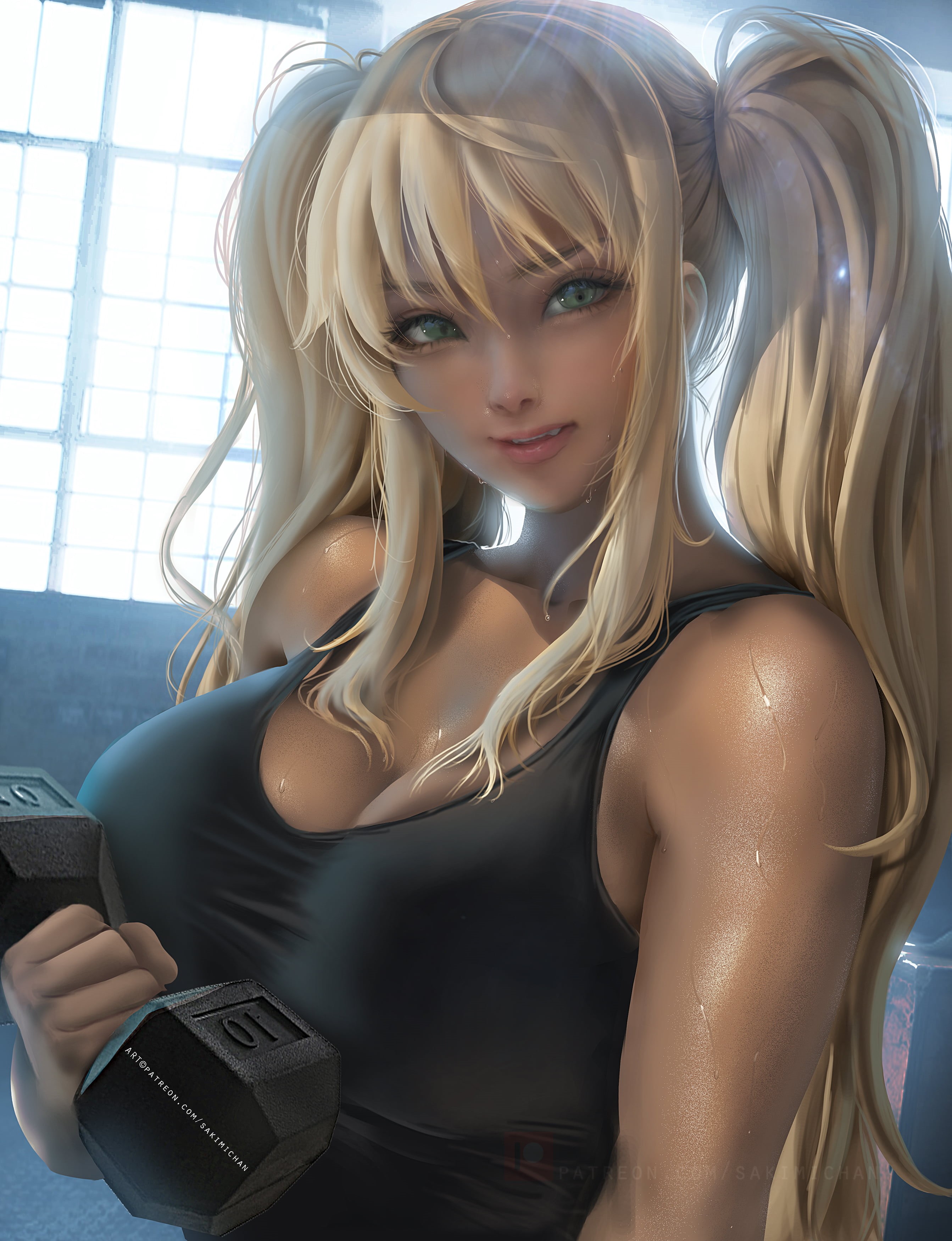 artwork, lens flare, tank top, anime, digital art, vertical, drawing, bangs, blonde, dumbbells, cleavage, sweat, fangs, fan art, sports, backlighting, anime girls, Phone HD Wallpaper