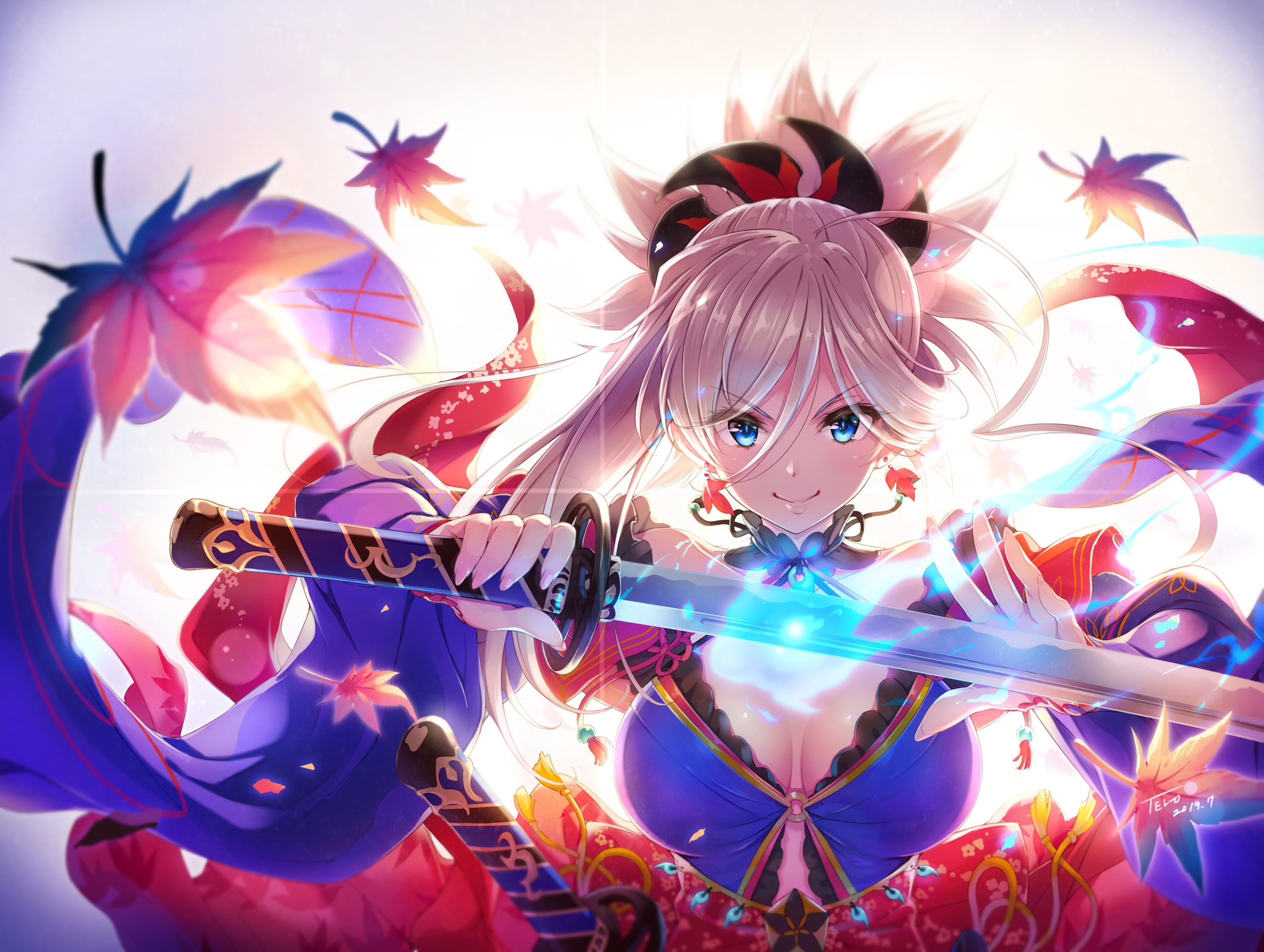 smiling, Miyamoto Musashi (fate/grand order), portrait, leaves, drawing, 2K, Fate/Grand Order, digital art, cleavage, artwork, blue eyes, fantasy art, HD Wallpaper