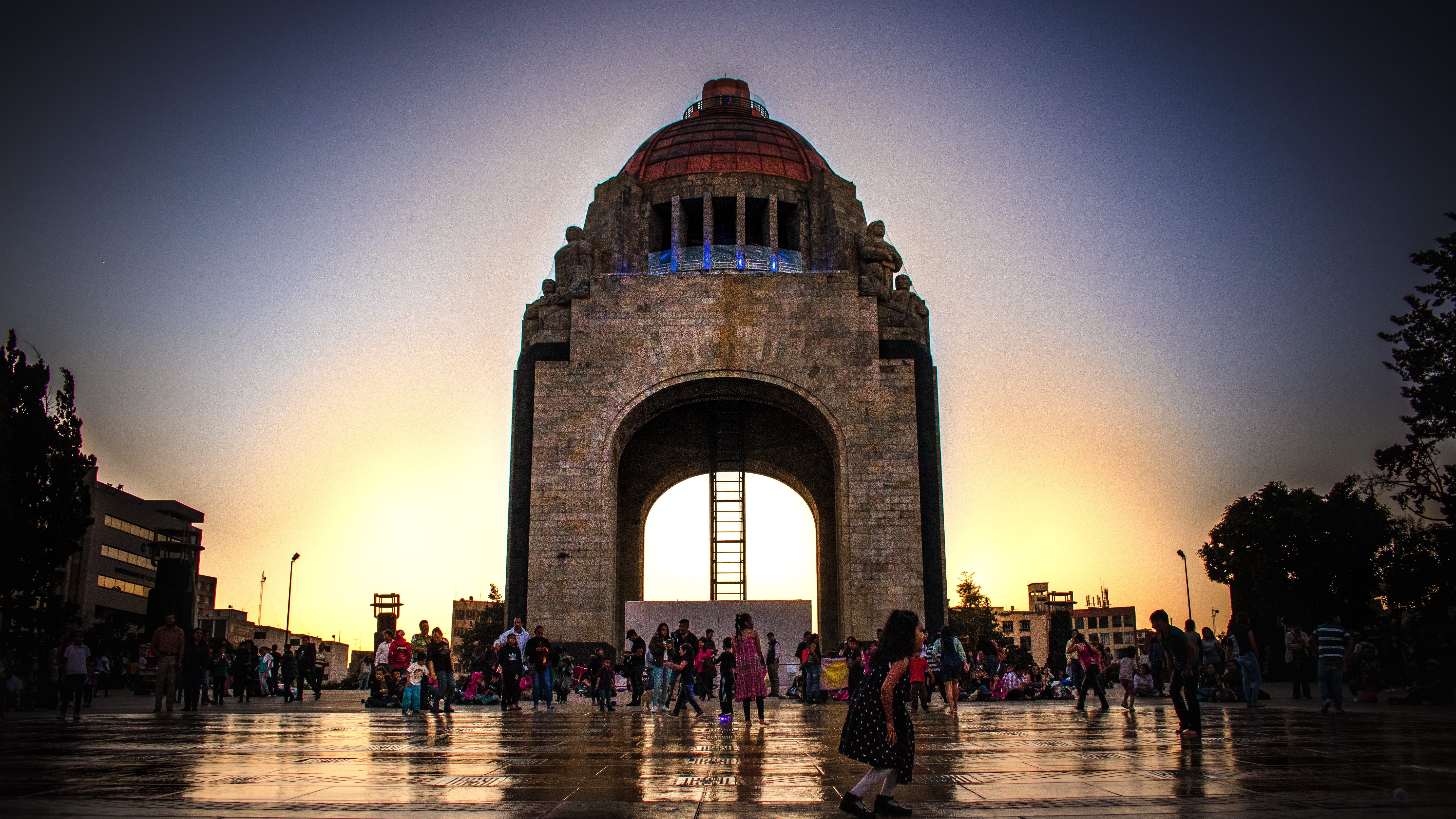 travel, outdoors, natural, work, tranquility, sunset, clear sky, sky, the past, city, travel destinations, backlighting, serenity, arch, personas, crowd, HD Wallpaper