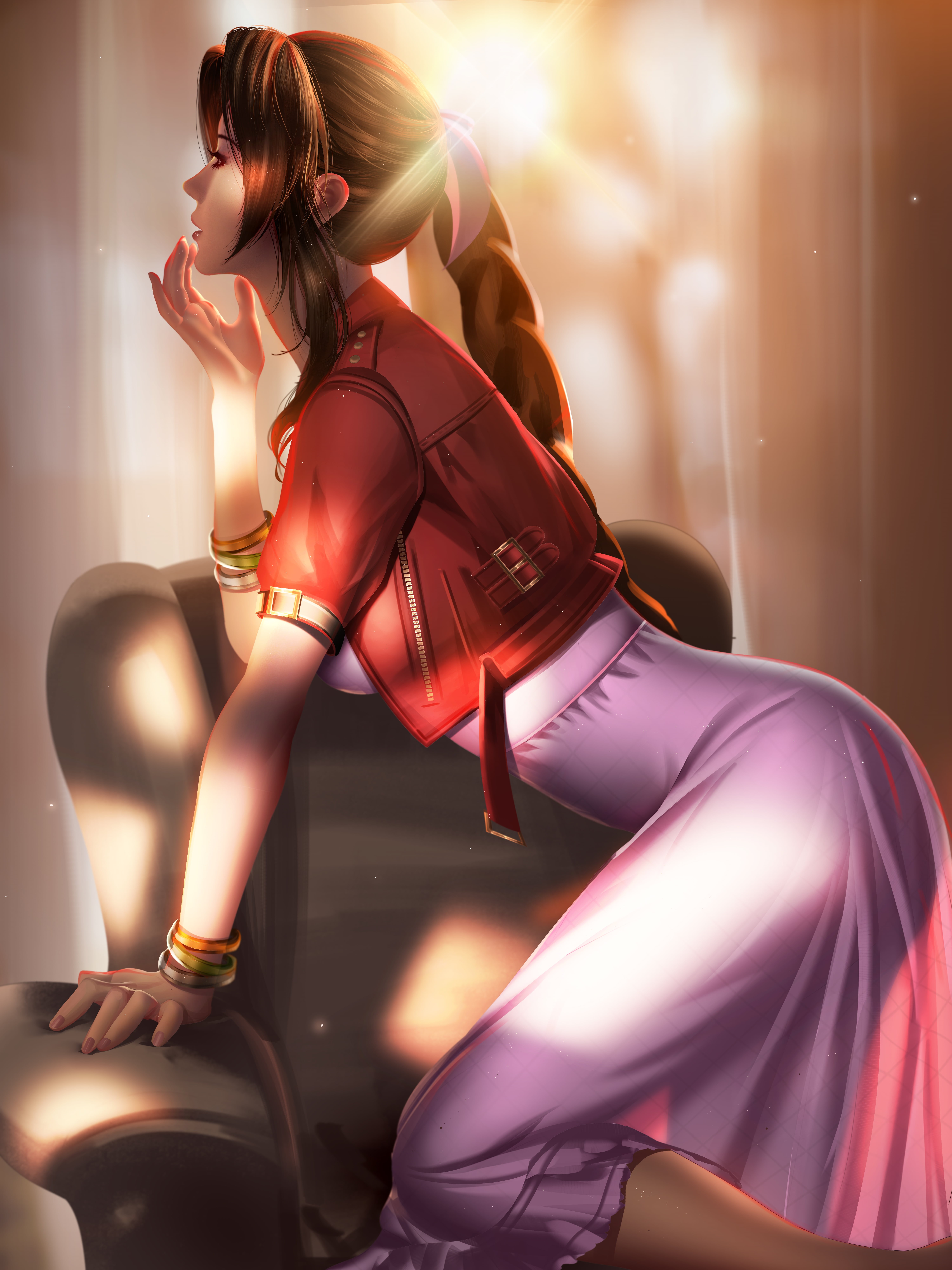 dress, ponytail, jacket, Liang-Xing, vertical, video game girls, video games, 8K, Final Fantasy, profile, Liang Xing, lens flare, backlighting, couch, Phone HD Wallpaper