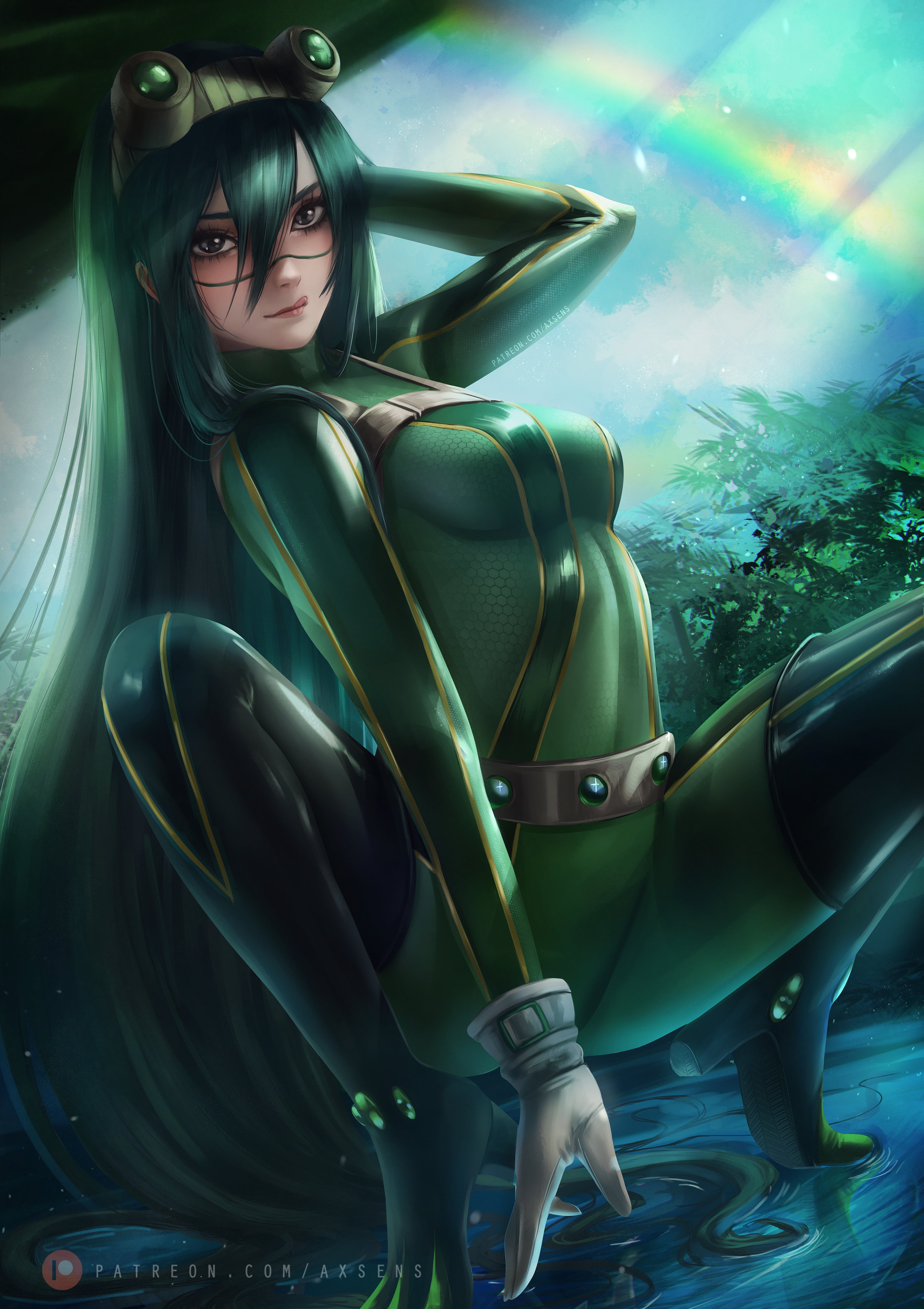Boku no Hero Academia, anime, 4K, Tsuyu Asui, fan art, fantasy girl, backlighting, digital art, illustration, axsens, portrait display, green hair, long hair, Phone HD Wallpaper