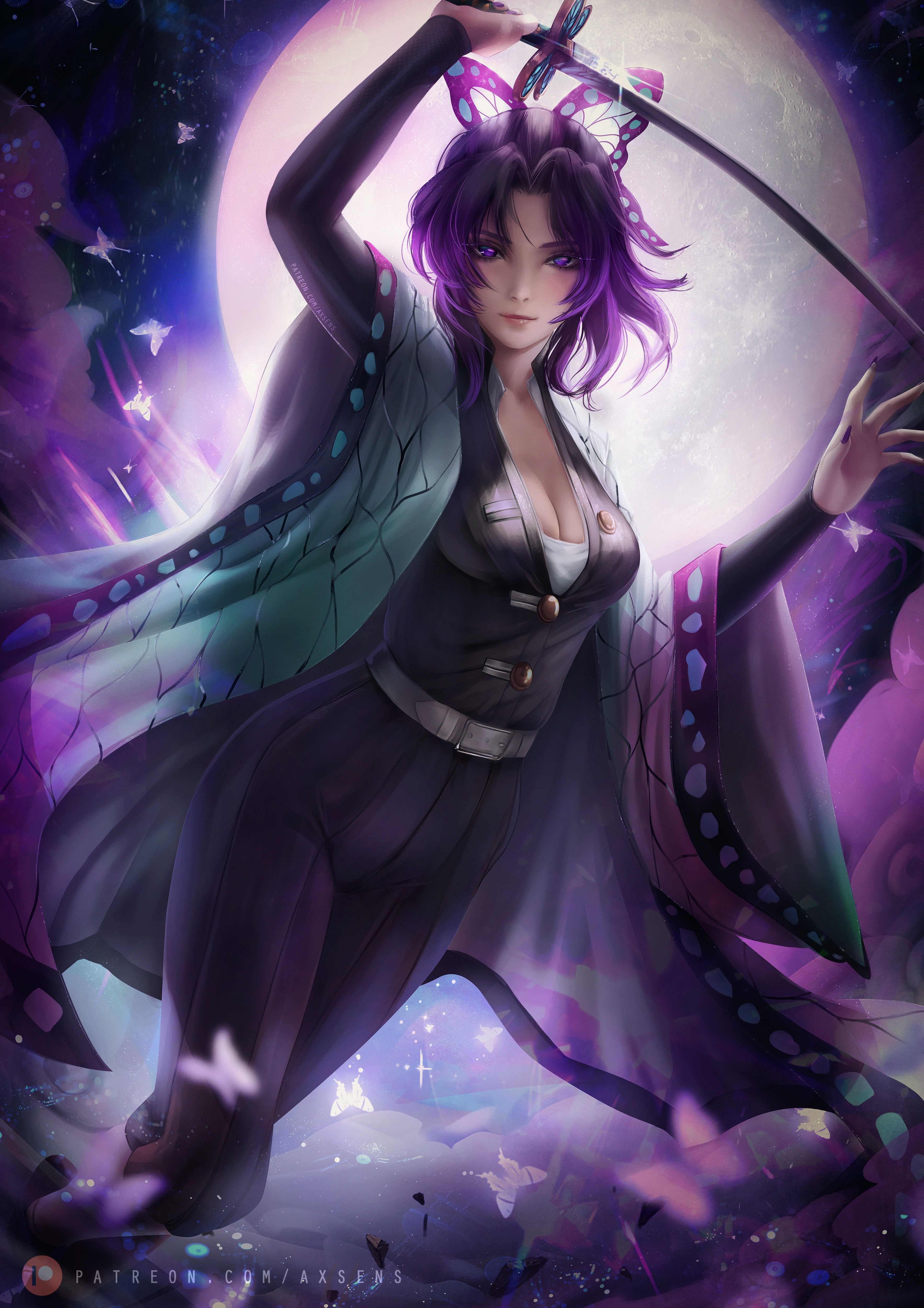 illustration, portrait display, backlighting, Kochou Shinobu, anime girls, Kimetsu no Yaiba, 4K, purple hair, fantasy girl, fan art, anime, axsens, digital, Phone HD Wallpaper