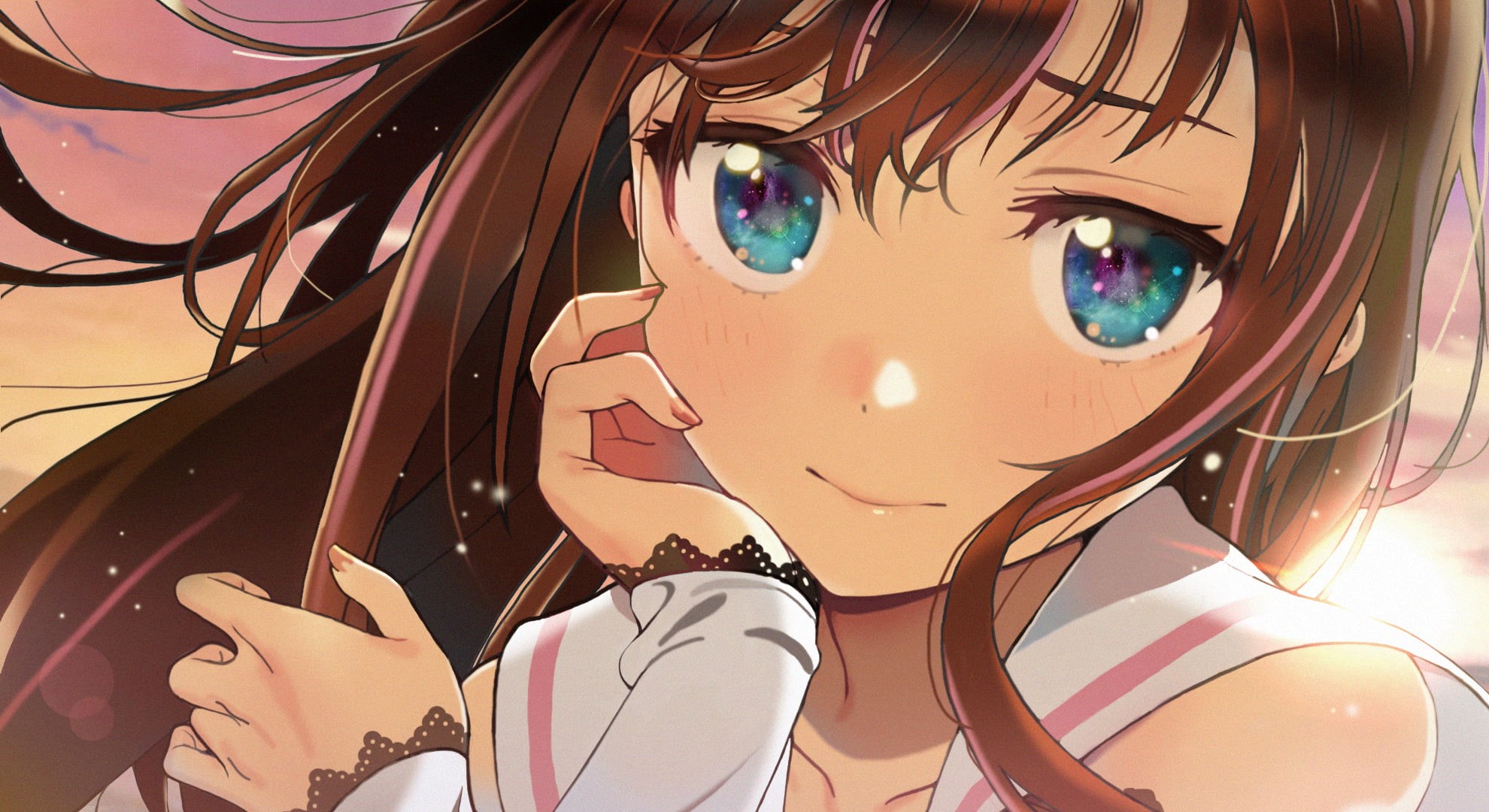 Seicoh, Kizuna Ai, artwork, Virtual Youtuber, brunette, looking at viewer, digital art, 1080P, closeup, 2D, portrait, drawing, touching face, anime girls, HD Wallpaper