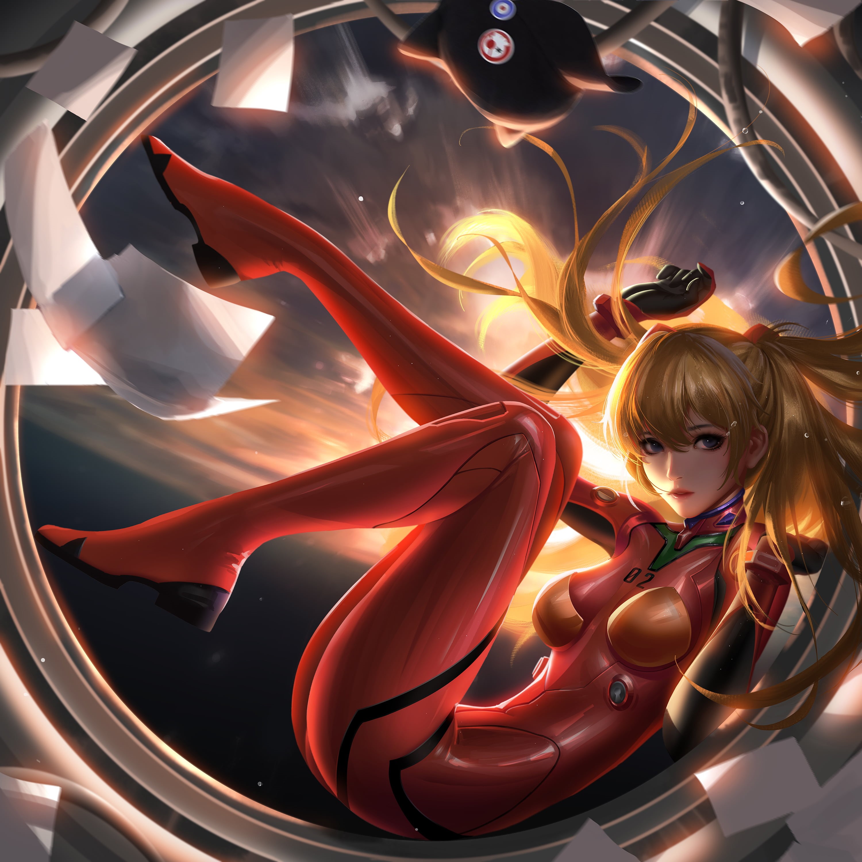 anime girls, Asuka Langley Soryu, red clothing, Liang-Xing, drawing, Neon Genesis Evangelion, looking at viewer, plugsuit, manga, artwork, Liang Xing, long hair, Phone HD Wallpaper