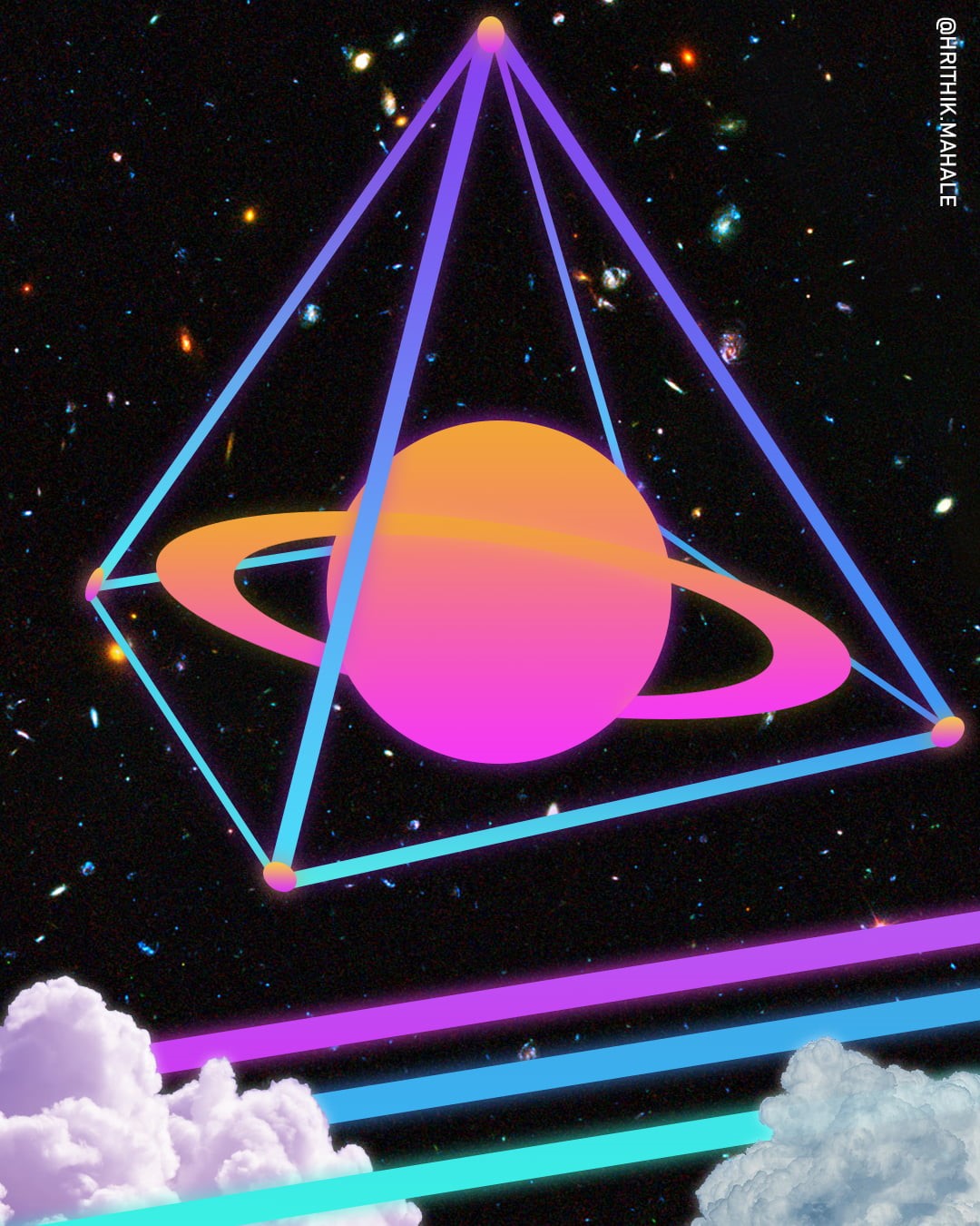 720P, prism, pyramid, lights, Saturn, triangle, noise, planet, galaxy, clouds, Phone HD Wallpaper