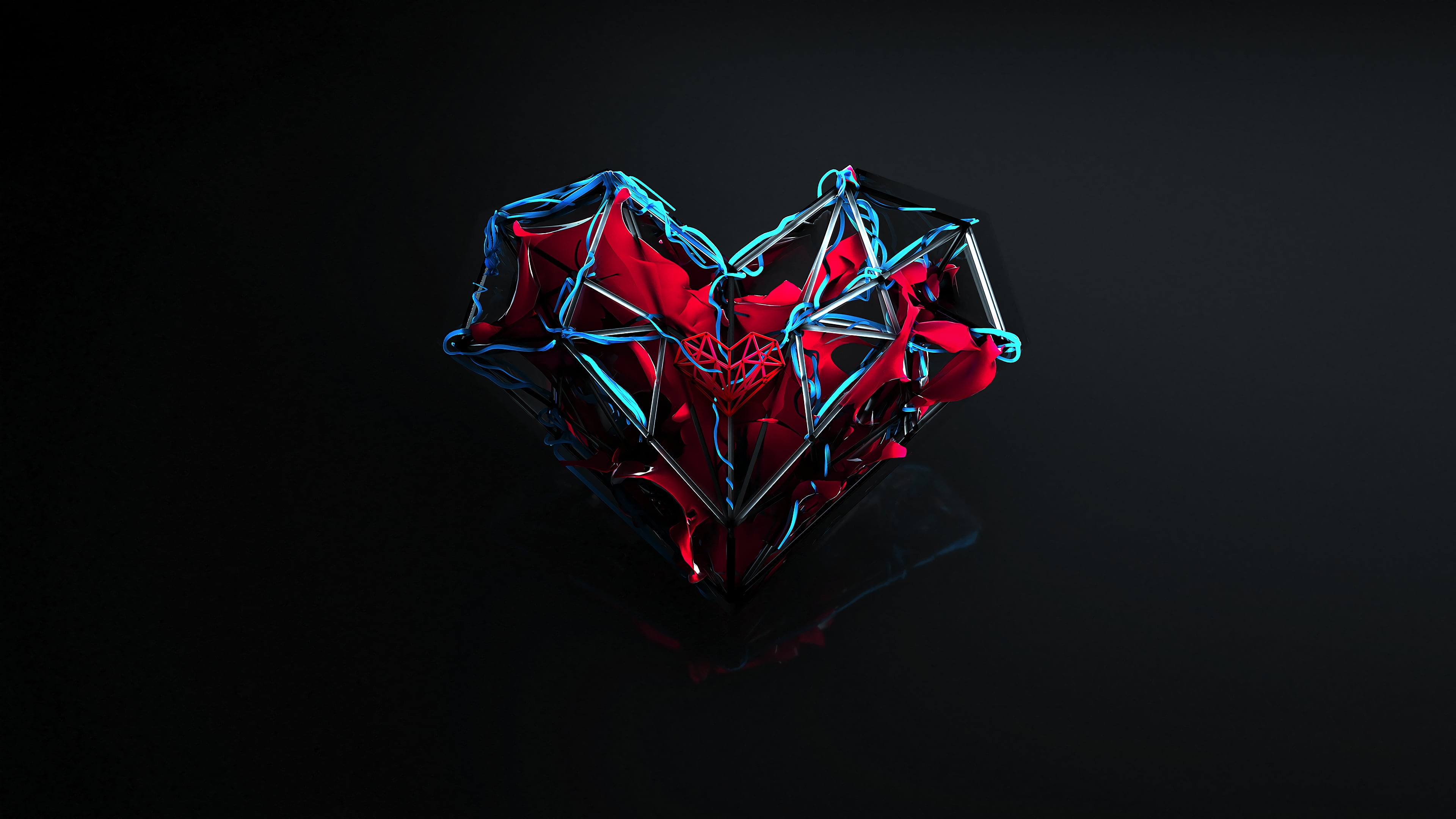 3D Abstract, lines, dark background, digital, reflection, digital art, 3D, 4K, artwork, heart, geometry, illustration, black background, electric, geometric figures, HD Wallpaper