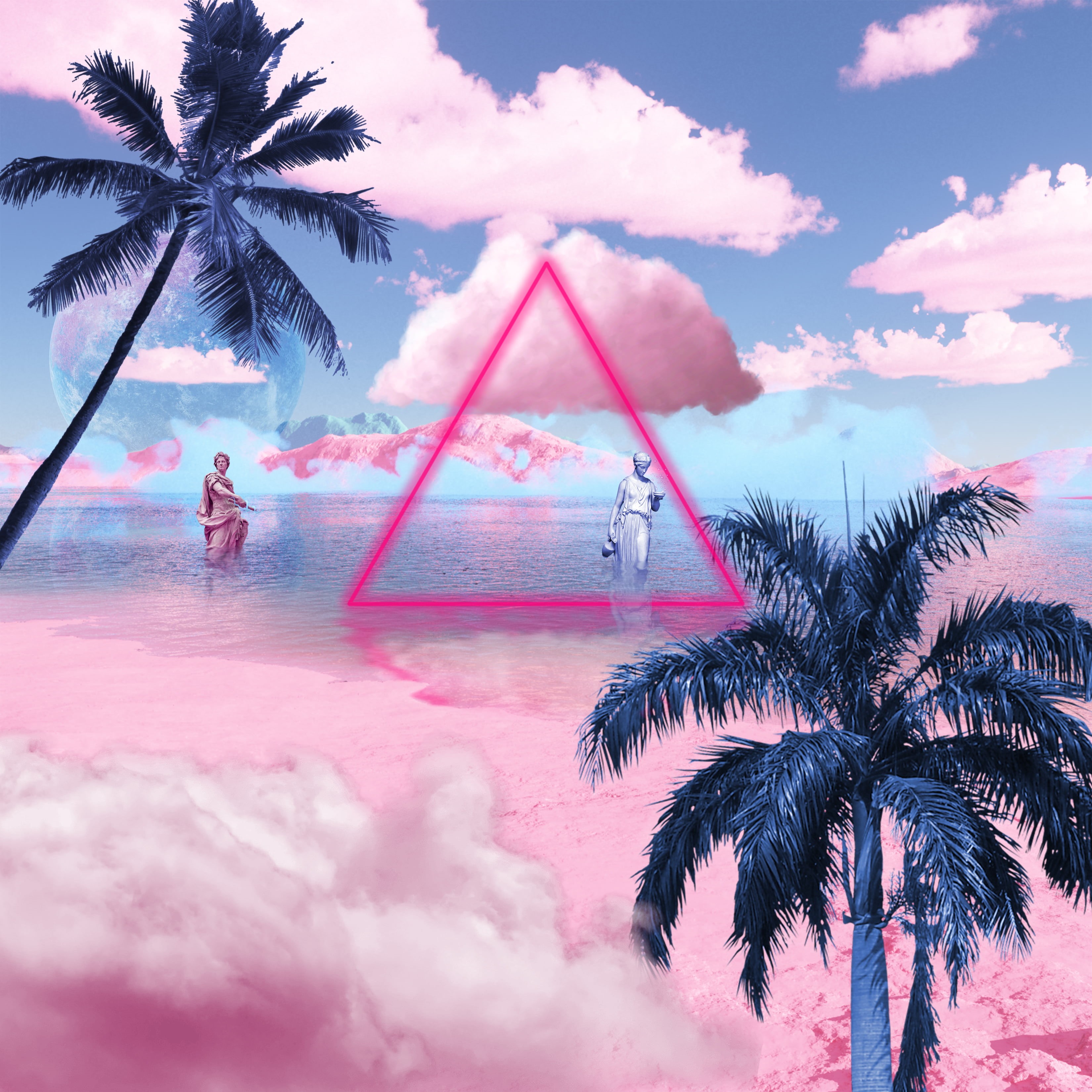 vaporwave, planet, geometric figures, Synth, 3D, square, water, vertical, render, synthwave, blue, Greek, geometry, CGI, digital art, shapes, low quality terrain, Phone HD Wallpaper