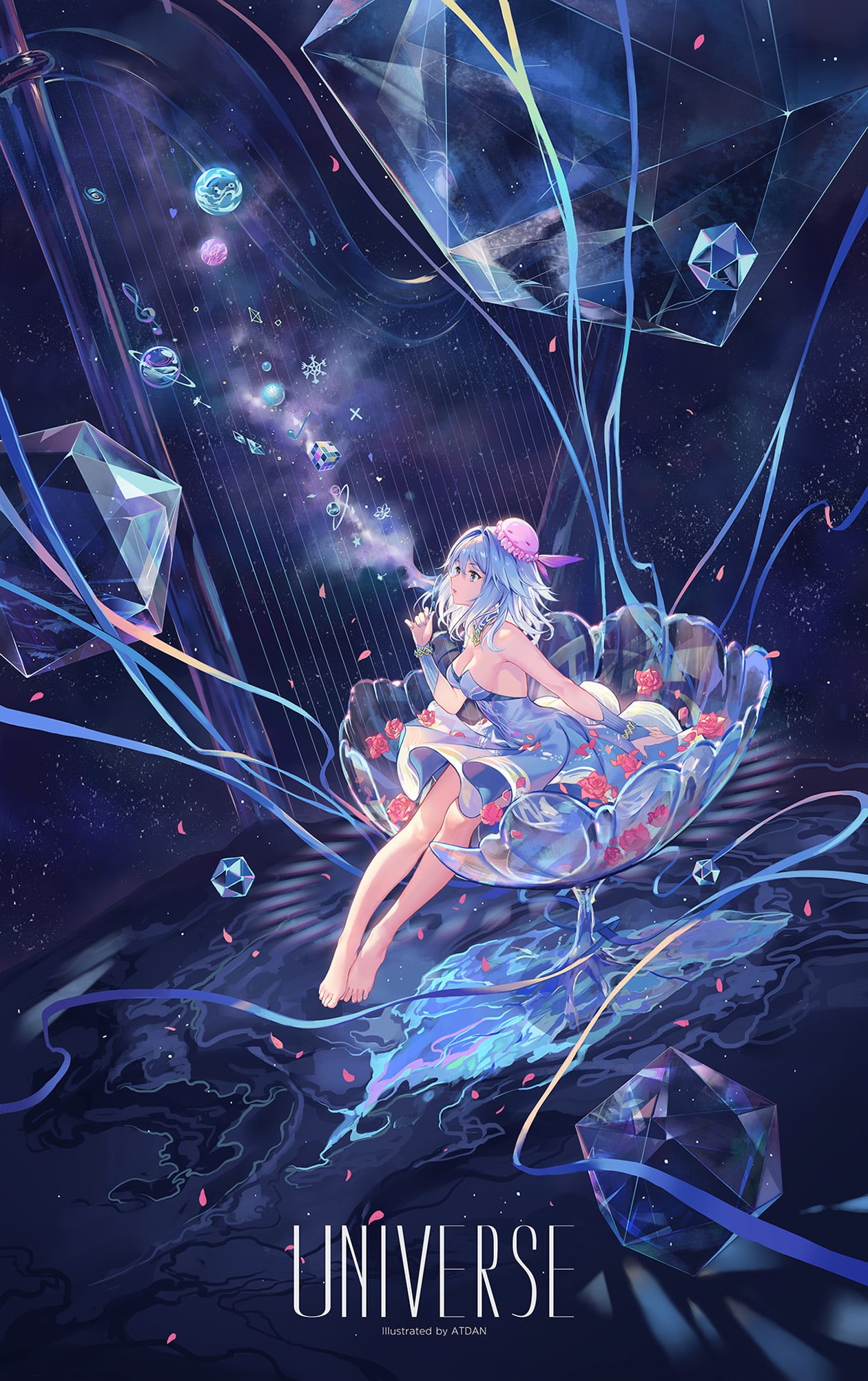 cleavage, profile, blue hair, artwork, harp, dress, flowers, digital art, illustration, original characters, fantasy art, barefoot, anime girls, universe, Phone HD Wallpaper
