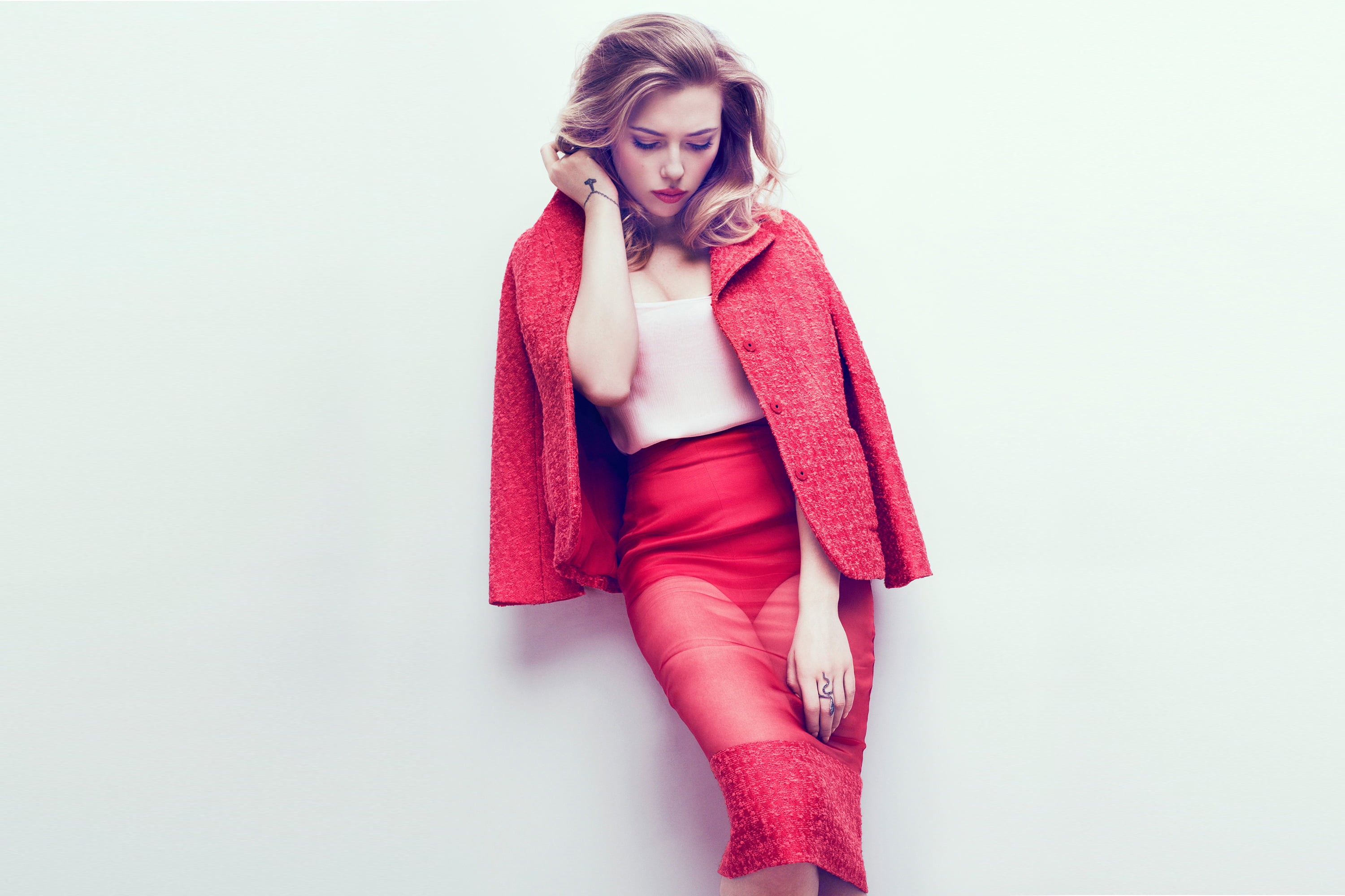 portrait, front view, three quarter length, people, young adult, clothing, johansson, fashion, beauty, indoors, white background, warm clothing, red jackets, HD Wallpaper