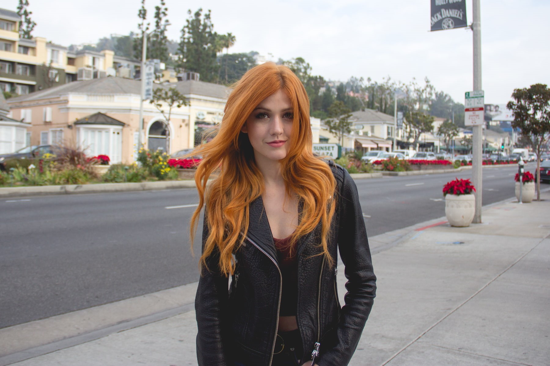 720P, celebrity, red tops, black jackets, smiling, long hair, Katherine Mcnamara, women, actress, redhead, looking at viewer, street, women outdoors, Public, HD Wallpaper