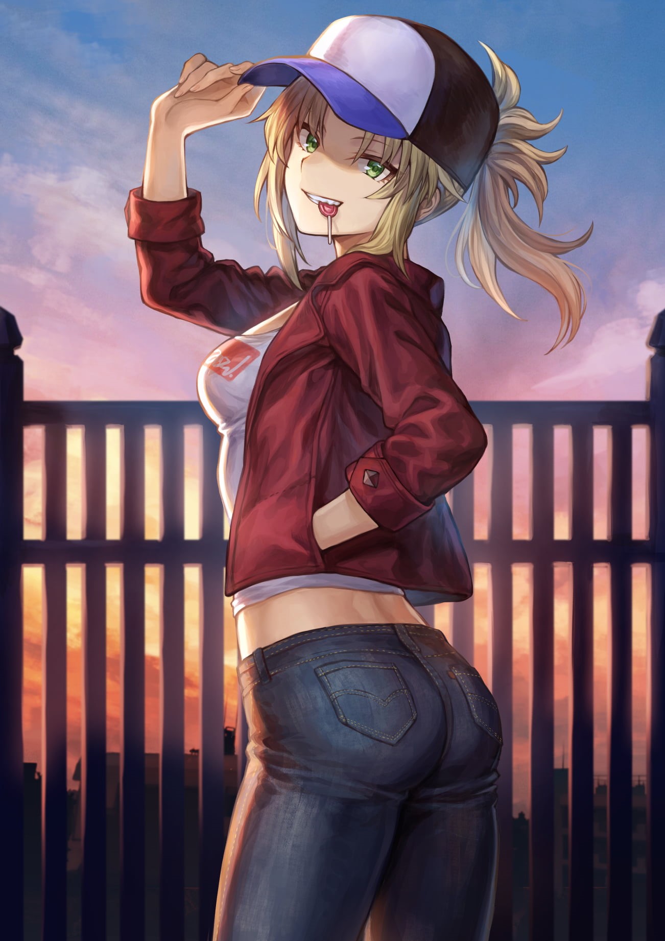 vertical, T-shirt, anime girls, Smile, anime, Red Saber, Mordred (Fate/Apocrypha), ponytail, Fate/Grand Order, artwork, digital art, jacket, 720P, FGO, Phone HD Wallpaper