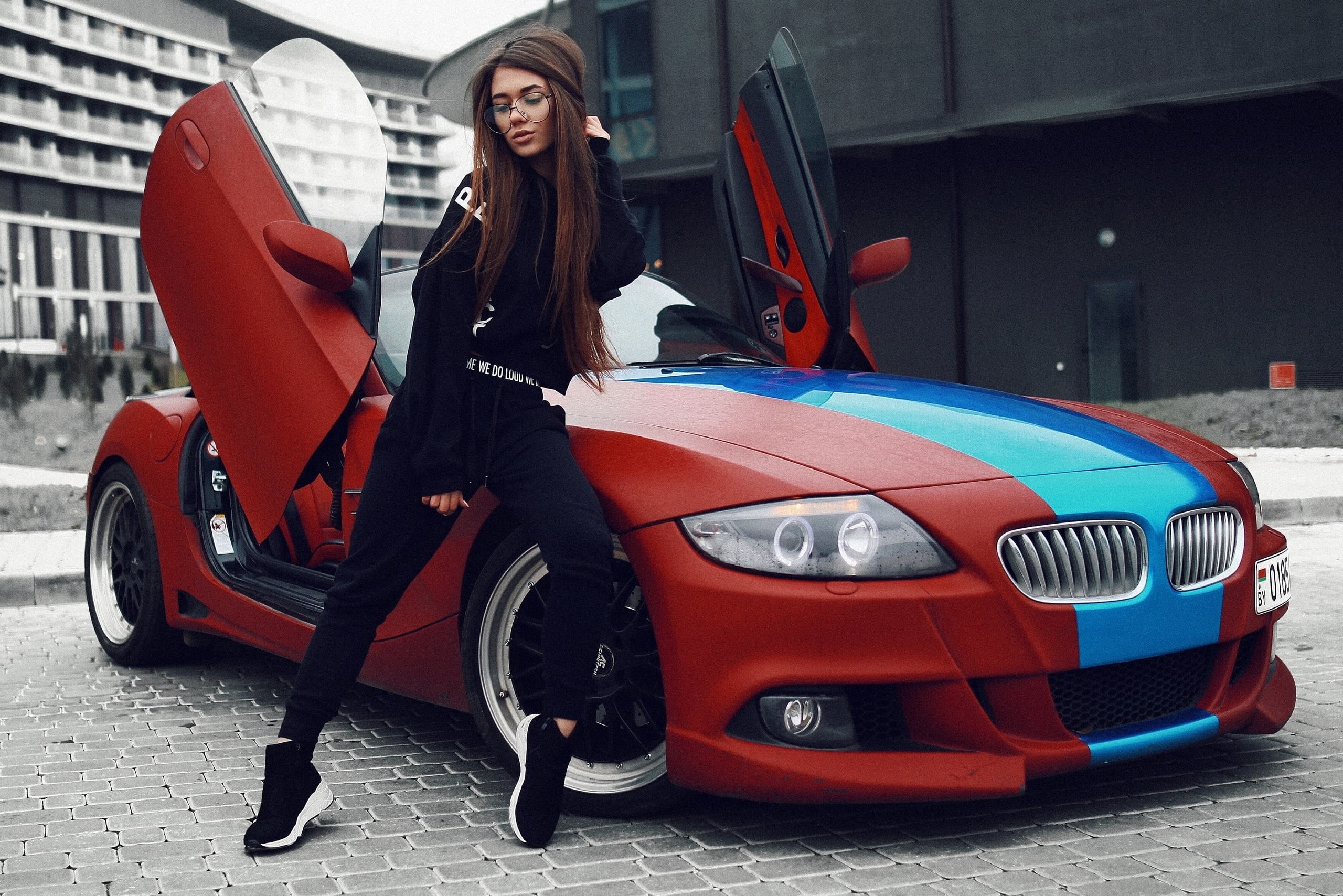 women outdoors, leather, 2K, Max Sokolovich, hair, adult, lifestyles, women with cars, motor vehicle, women with glasses, transportation, model, red, full length, HD Wallpaper