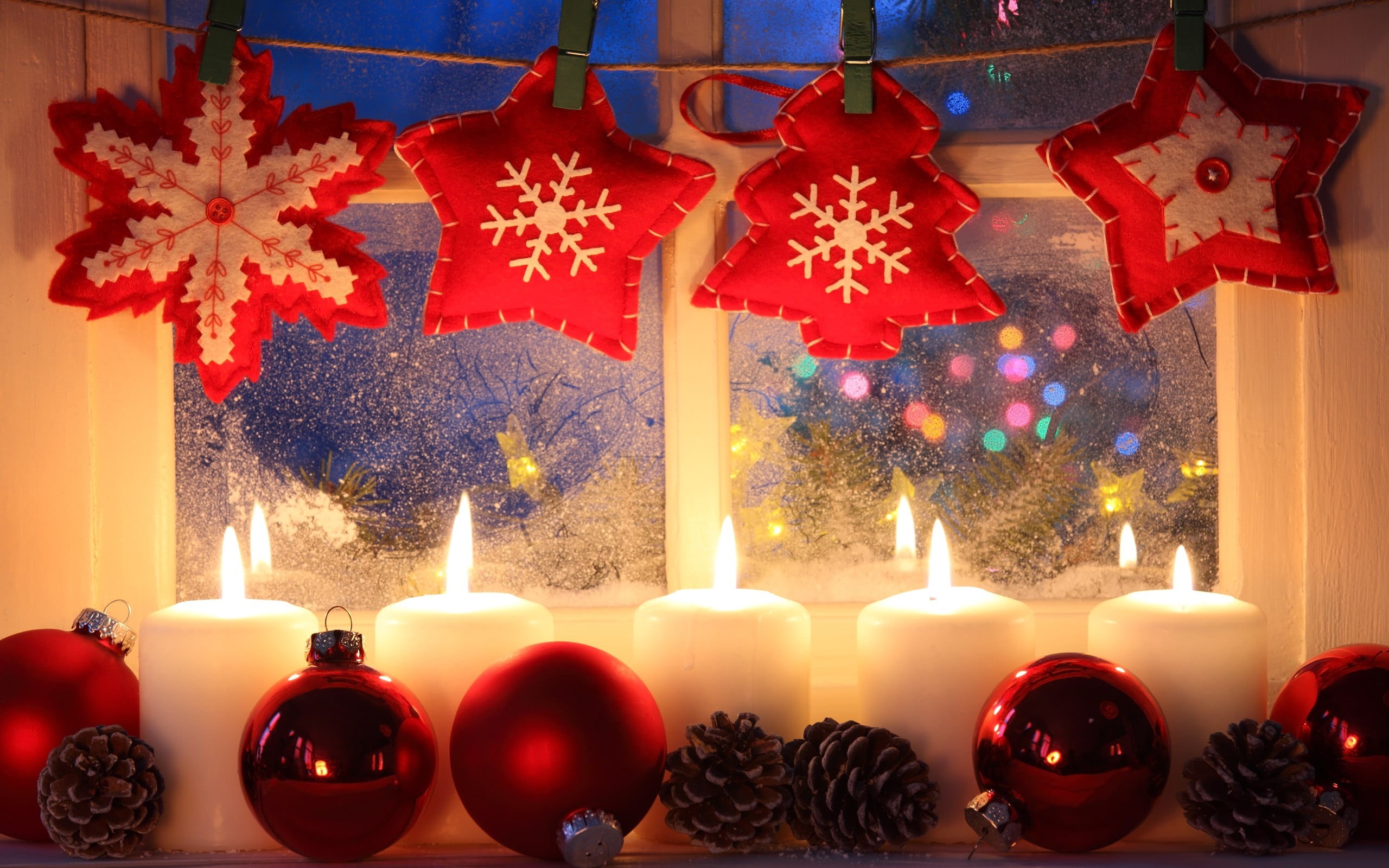 fire - natural phenomenon, candle, christmas decoration, no people, red, five, Christmas, flame, indoors, celebration, burning, window, 2K, christmas ornament, HD Wallpaper