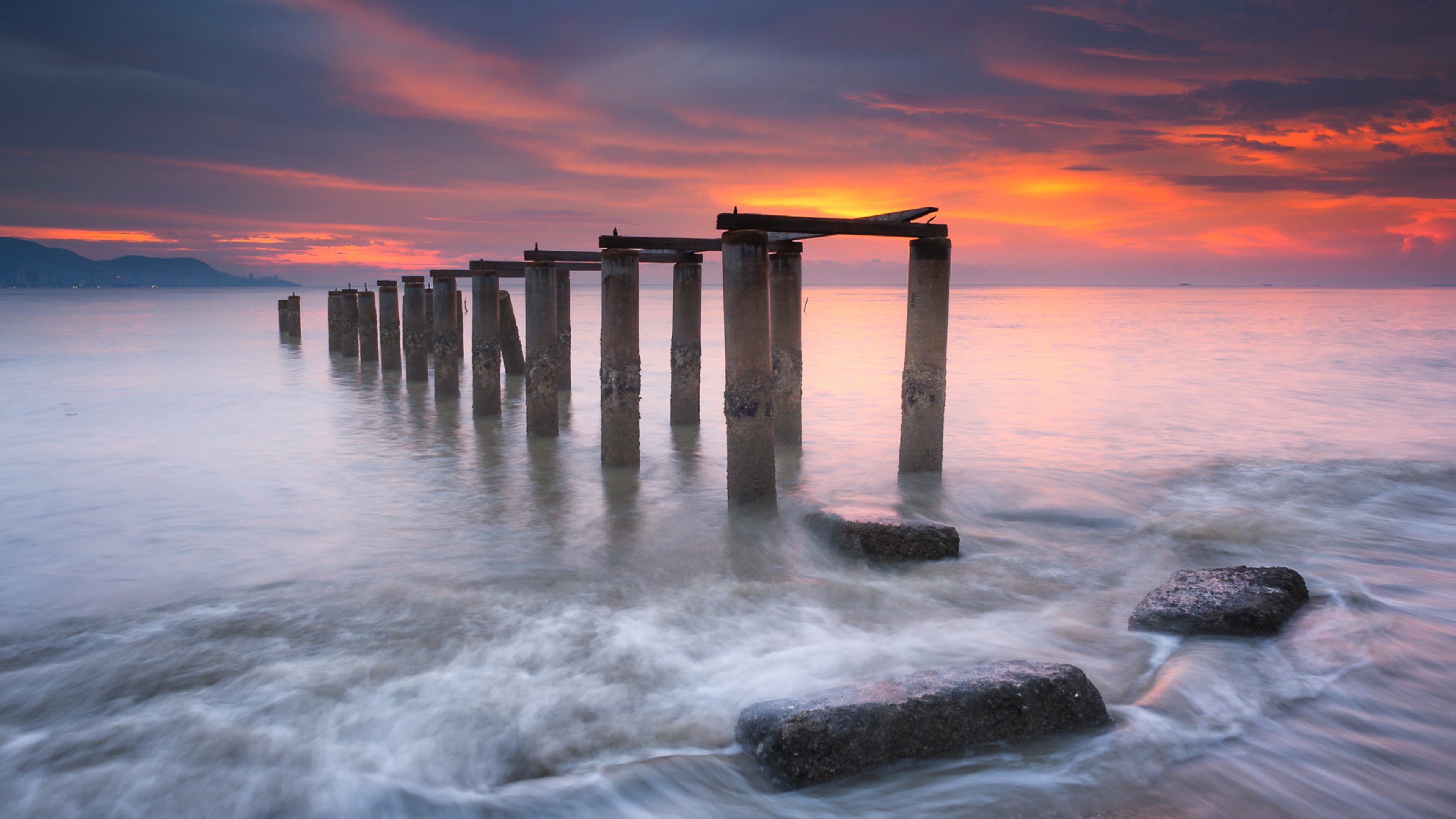 pier, sky, ultra, phones, sea, old, waves, hd, wooden, red, 4K, mobile, malaysia, shore, desktop, laptop, pillars, sunset, HD Wallpaper