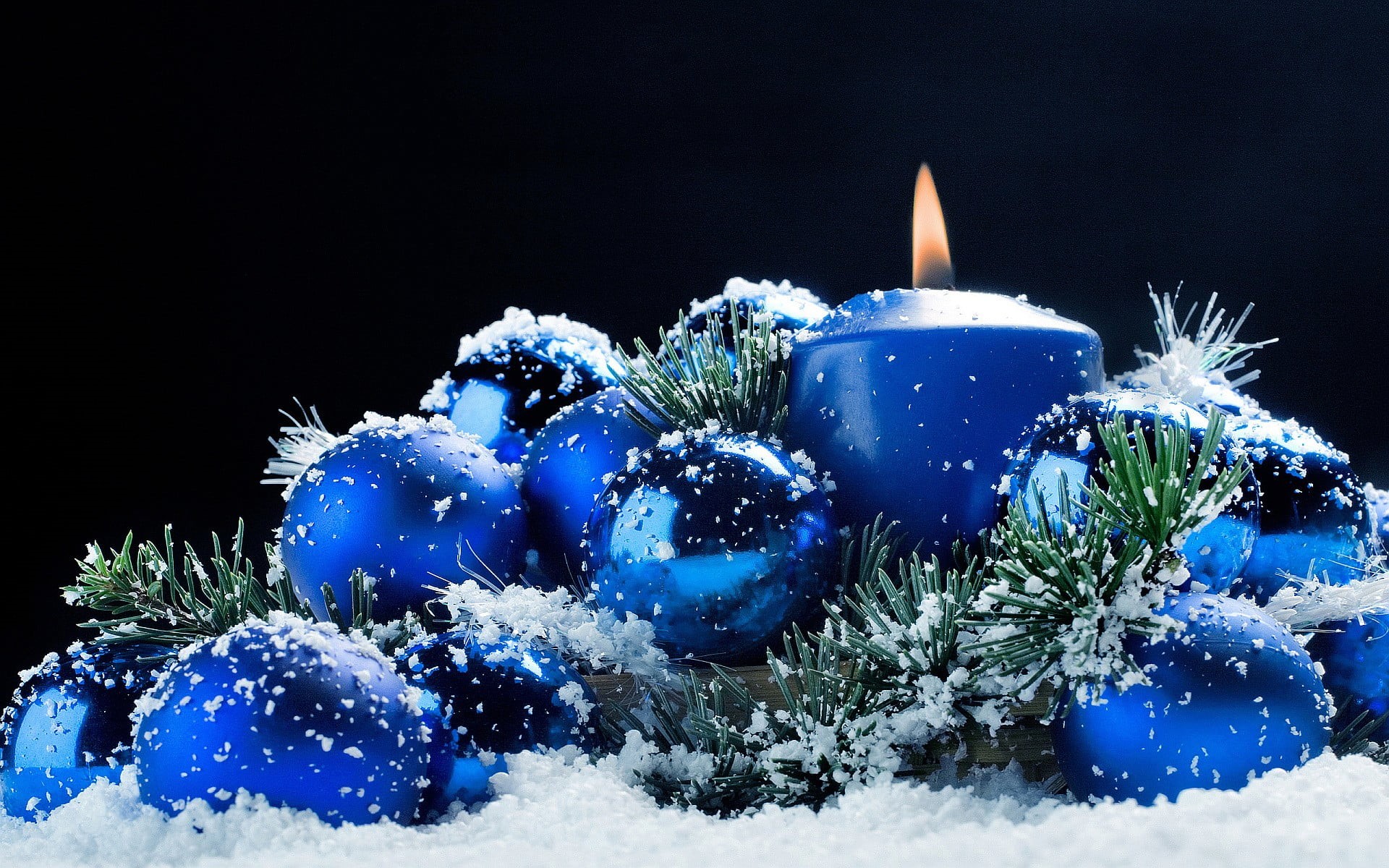 no people, nature, new years eve, snow, pine tree, pillar, black background, balls, christmas, celebration, 1080P, Christmas ornaments , frozen, candle, HD Wallpaper