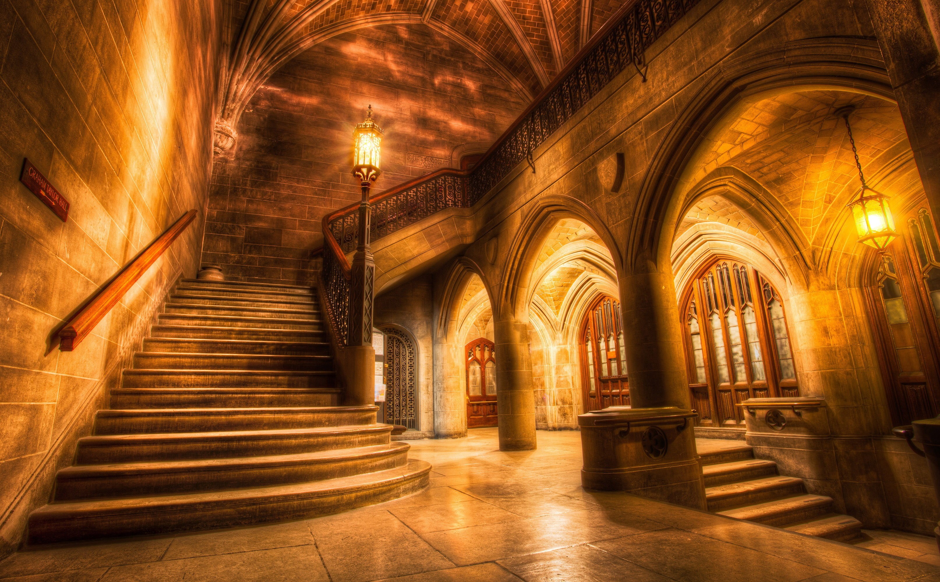 arched, wall, bricks, concrete, staircase, arcade, interior, architecture, gothic style, spirituality, belief, direction, the past, university, hallway, HD Wallpaper