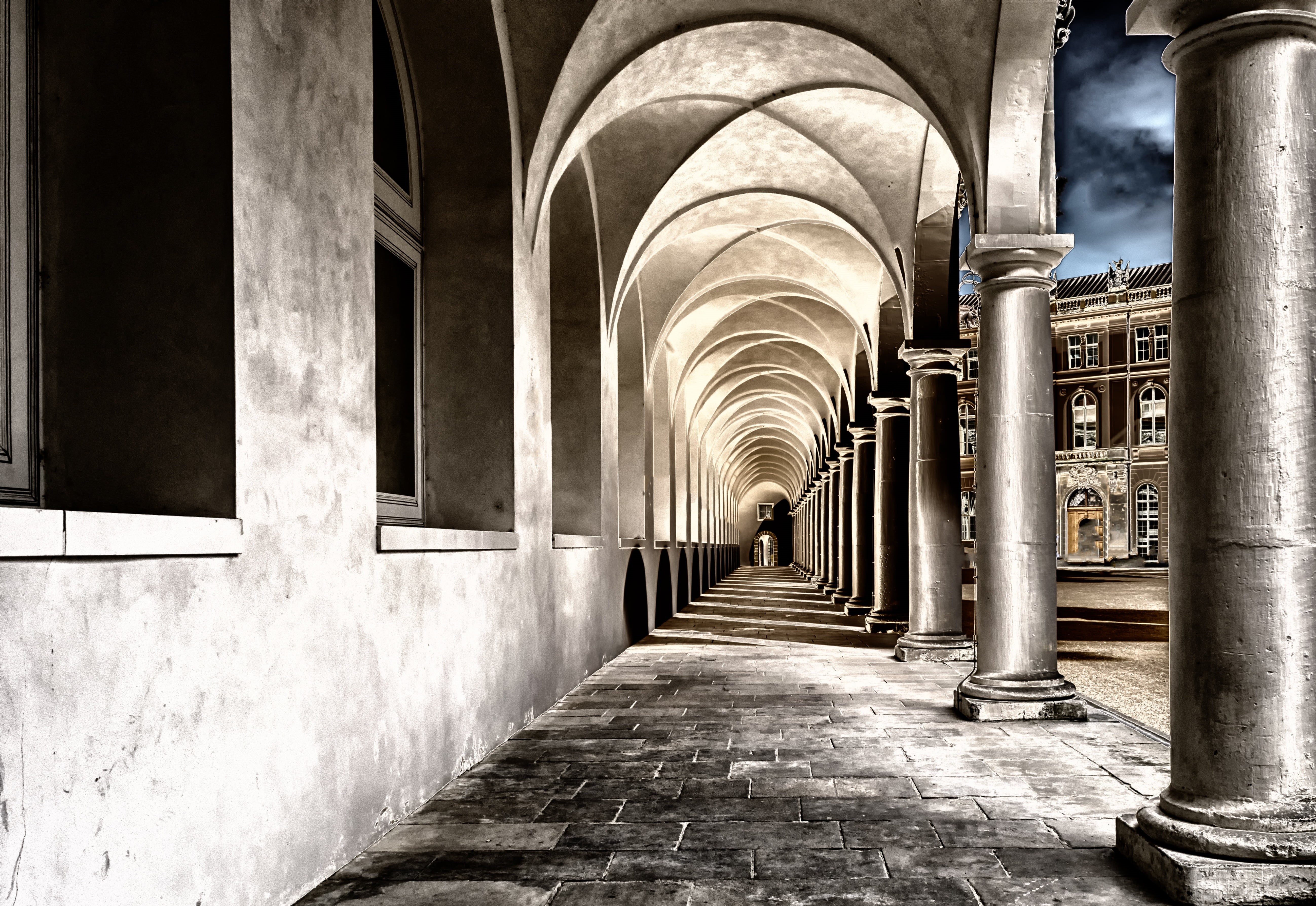 stone material, the way forward, light, day, courtyard, architecture, abbey, monastery church, 5K, baroque, colonnade, cloister, artfully, church, HD Wallpaper