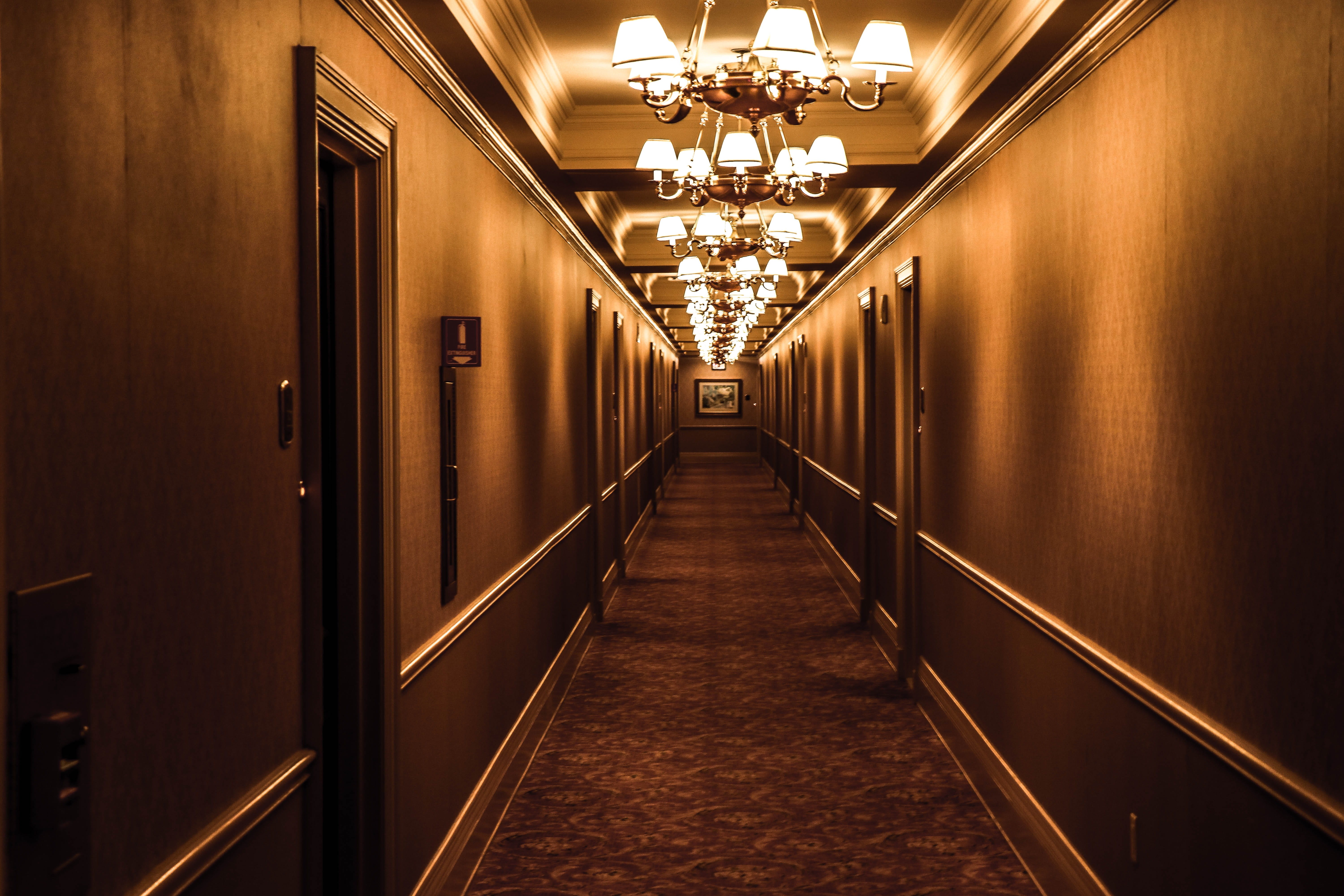 no people, lights, doors, diminishing perspective, wall, architecture, doorway, empty, hotel, design, corridor, built structure, building, gold colored, HD Wallpaper