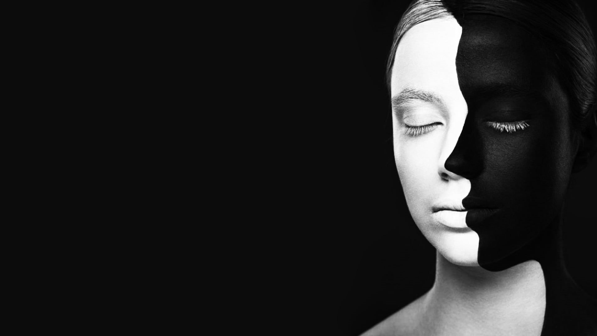 one person, beauty, human body part, monochrome, close-up, studio shot, portrait, young women, dark, body paint, white, indoors, 1080P, headshot, human face, HD Wallpaper