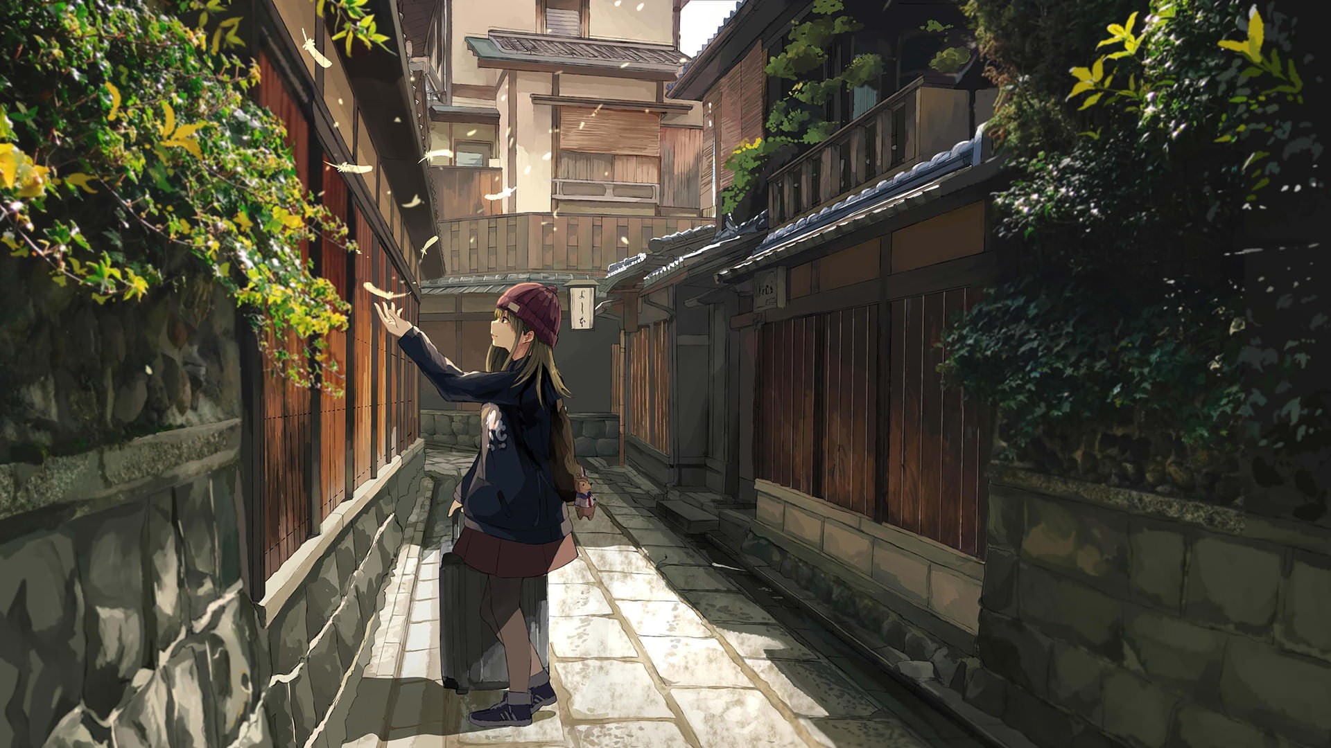 artwork, anime, anime girls, plant, leisure activity, luggage, outdoors, 1080P, young women, raising, adult, nature, left, day, hand, casual clothing, HD Wallpaper