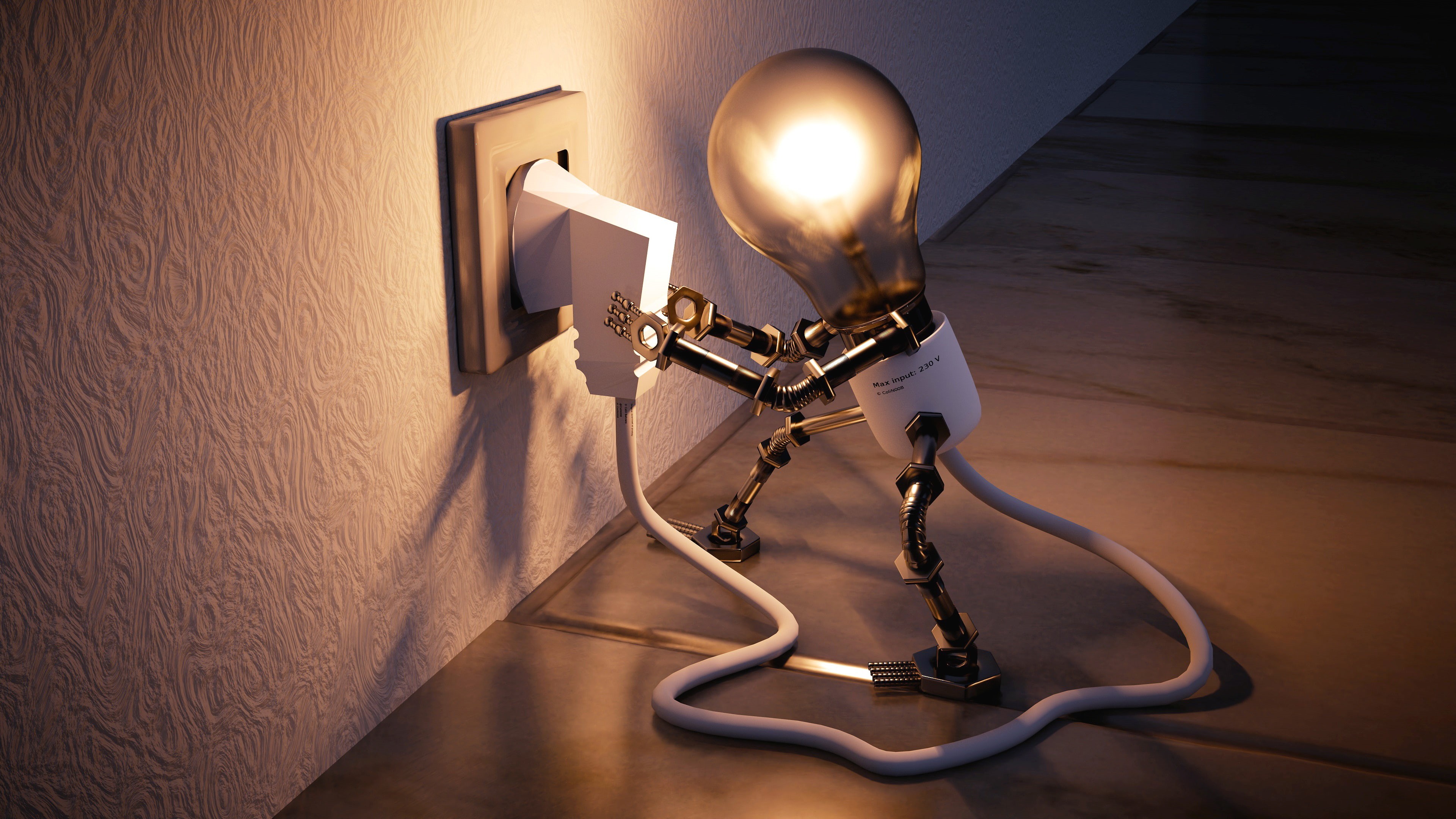 funny, light bulb, electric wire, smart light system, unplug, 4K, bulb, lighting, light, incandescent light bulb, lamp, robot, energy conservation, energy, HD Wallpaper