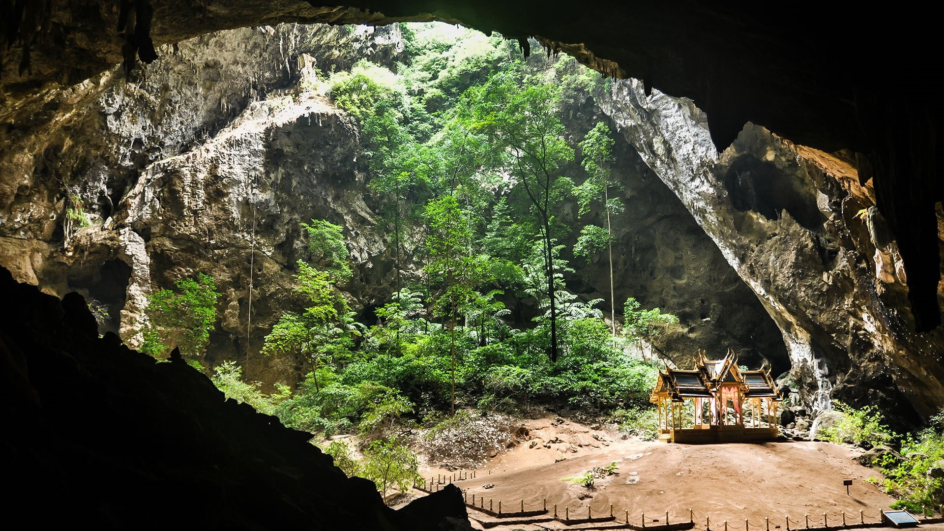 rocks, Phraya Nakhon Cave, 1080P, trees, plants, spiritual, sunlight, shards, nature, Thailand, cave, HD Wallpaper