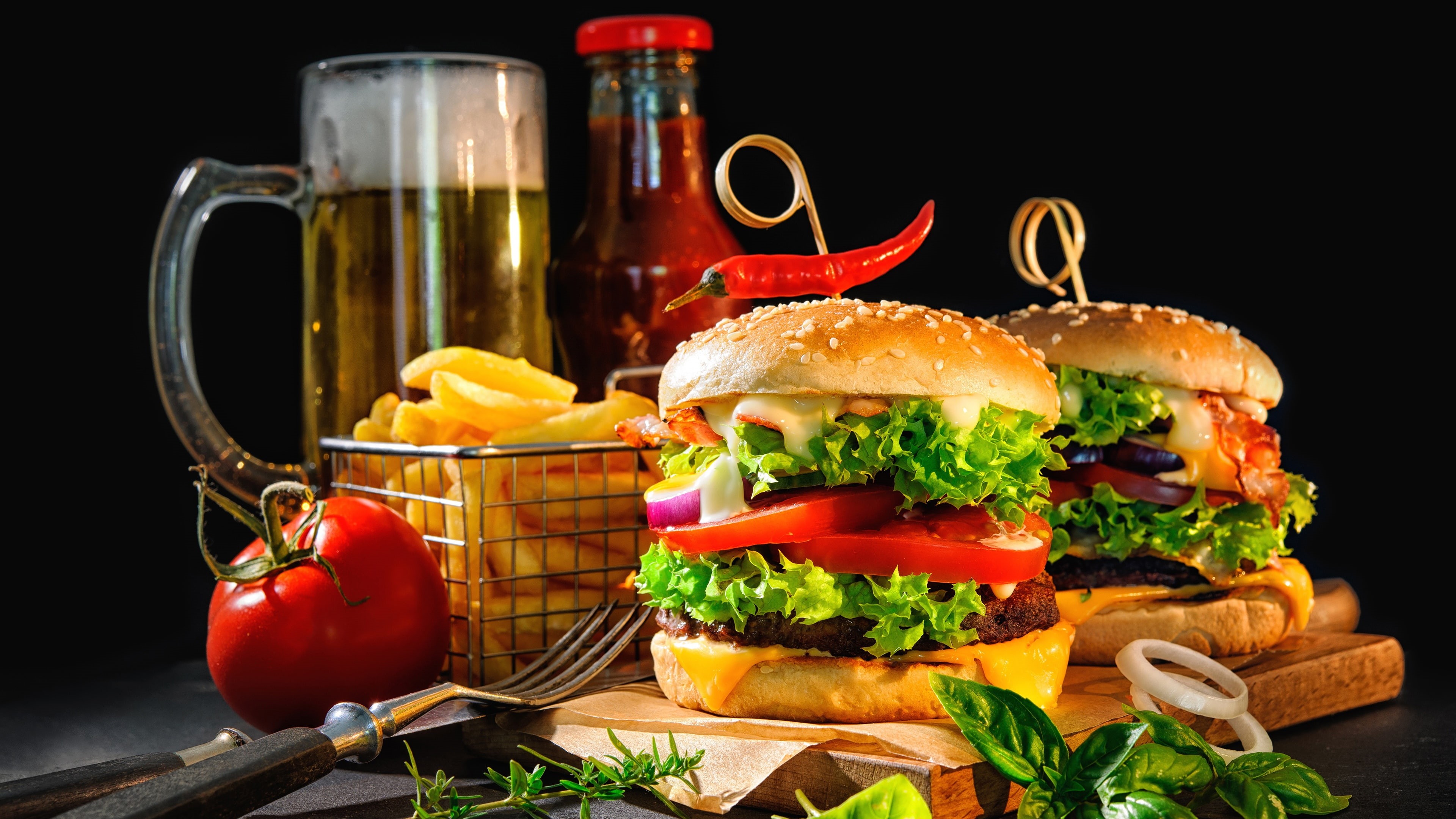 junk food, food, american food, sandwich, fast food, cheeseburger, finger food, beer, 4K, hamburger, french fries, HD Wallpaper