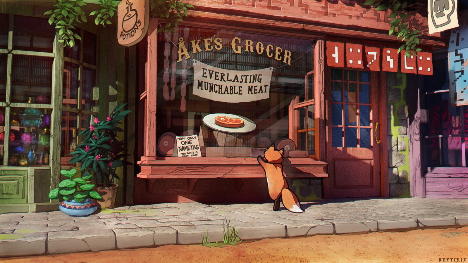 store front, Pewdiepie, 720P, Neytirix, fox, digital art, meat, Minecraft, watermarked, flowerpot, fan art, HD Wallpaper
