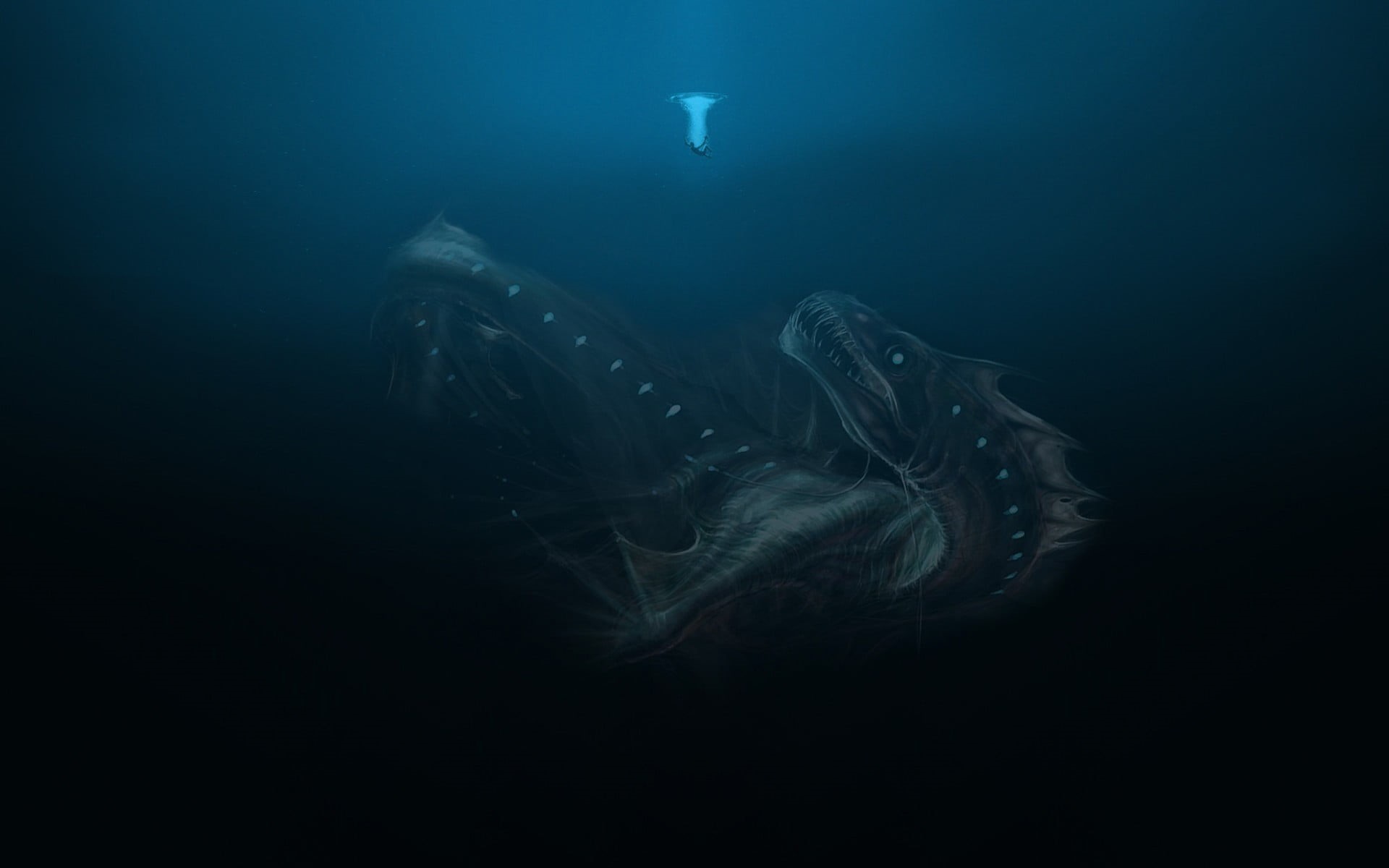 no people, water, sea, spooky, vertebrate, aquatic mammal, marine, fantasy art, undersea, animal themes, floating on water, fish, dark, animals in the wild, HD Wallpaper