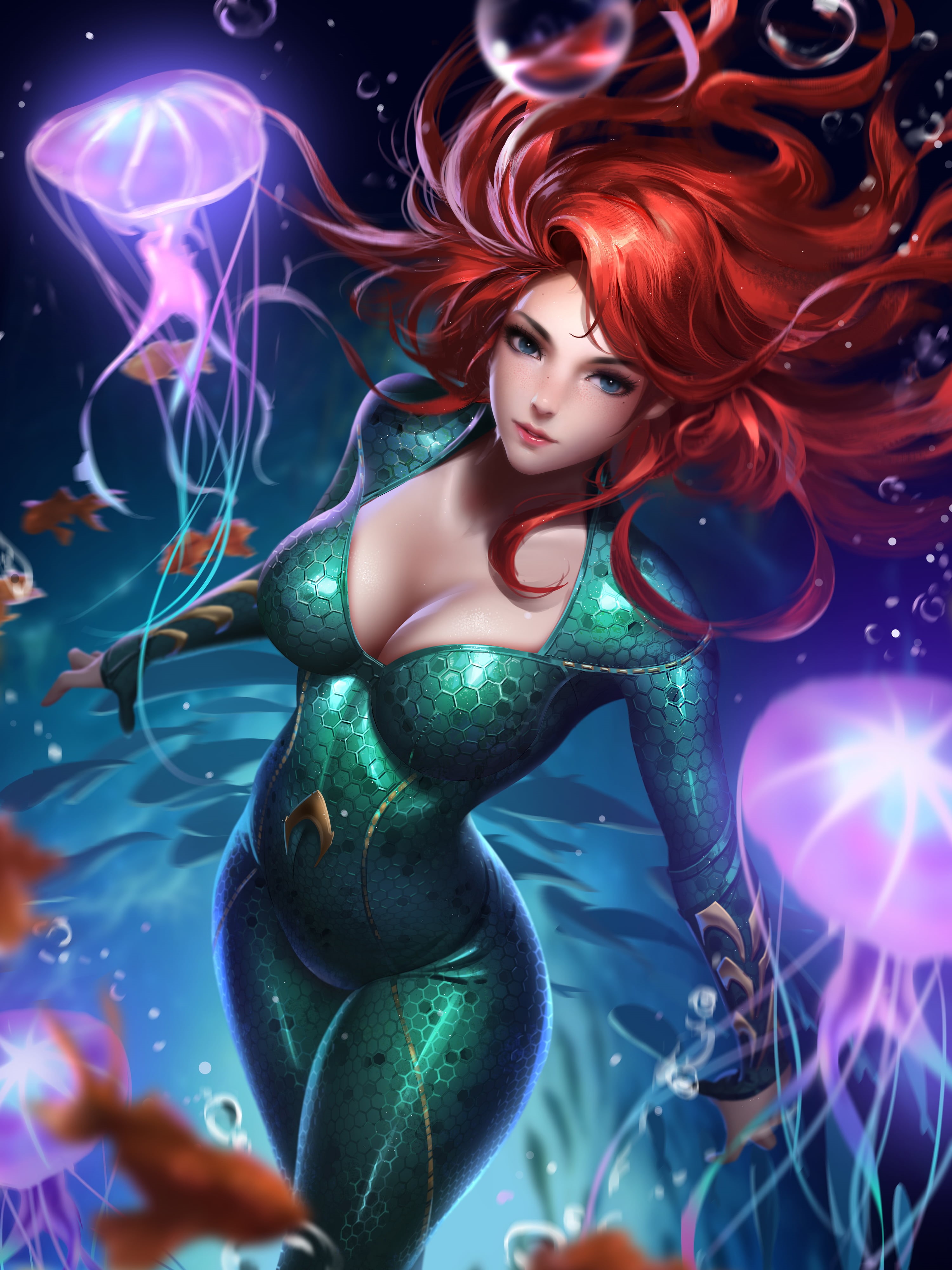 tight clothing, looking at viewer, Comic Girls, jellyfish, Aquaman, artwork, freckles, 4K, cleavage, fish, fan art, vertical, deep sea, Mera, Liang-Xing, Phone HD Wallpaper