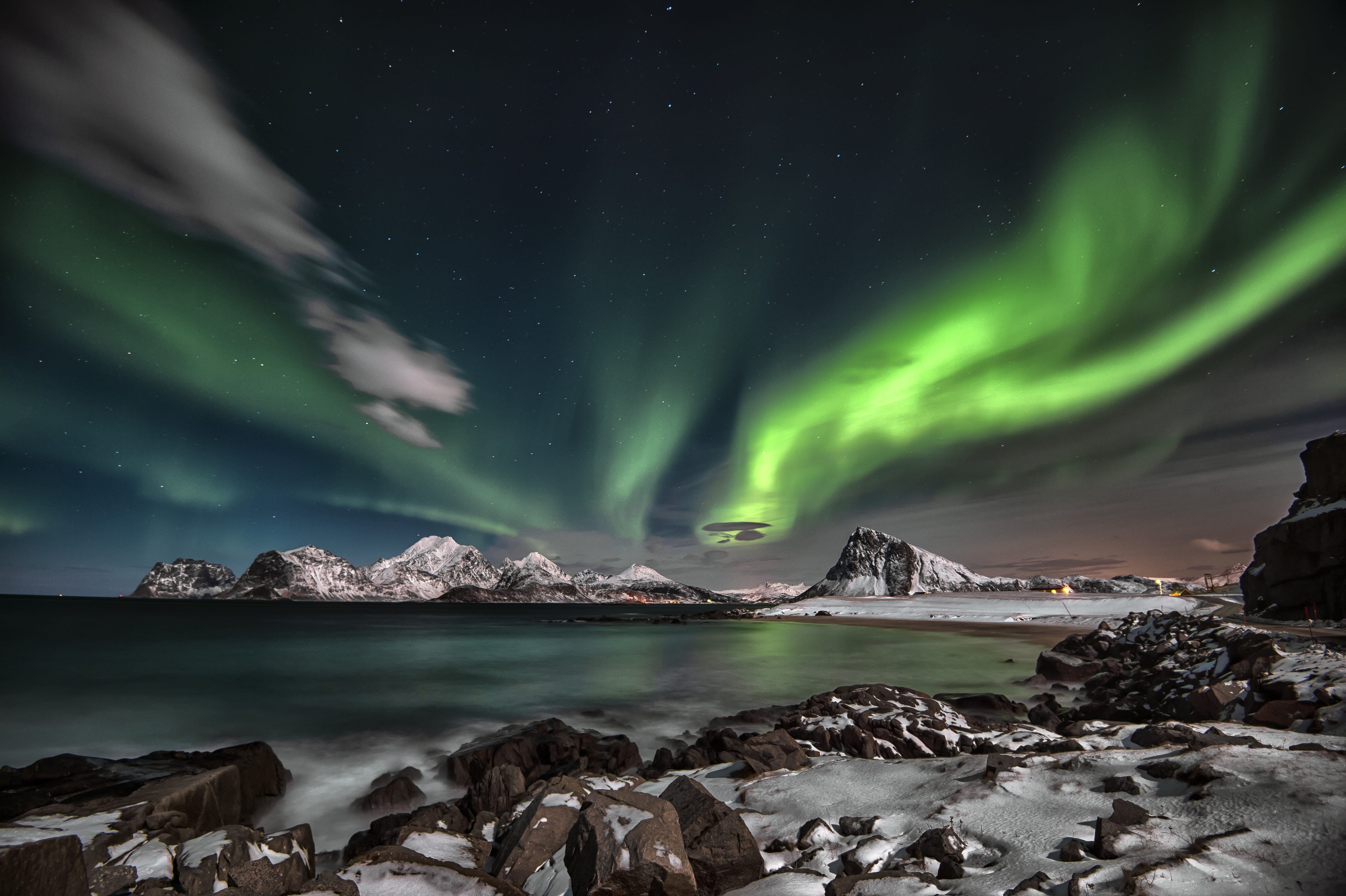 winter, color, scenic, starry, reflection, cold temperature, northern lights norway, Lofoten islands, green, tranquil scene, astronomy, moon, snow, sky, HD Wallpaper