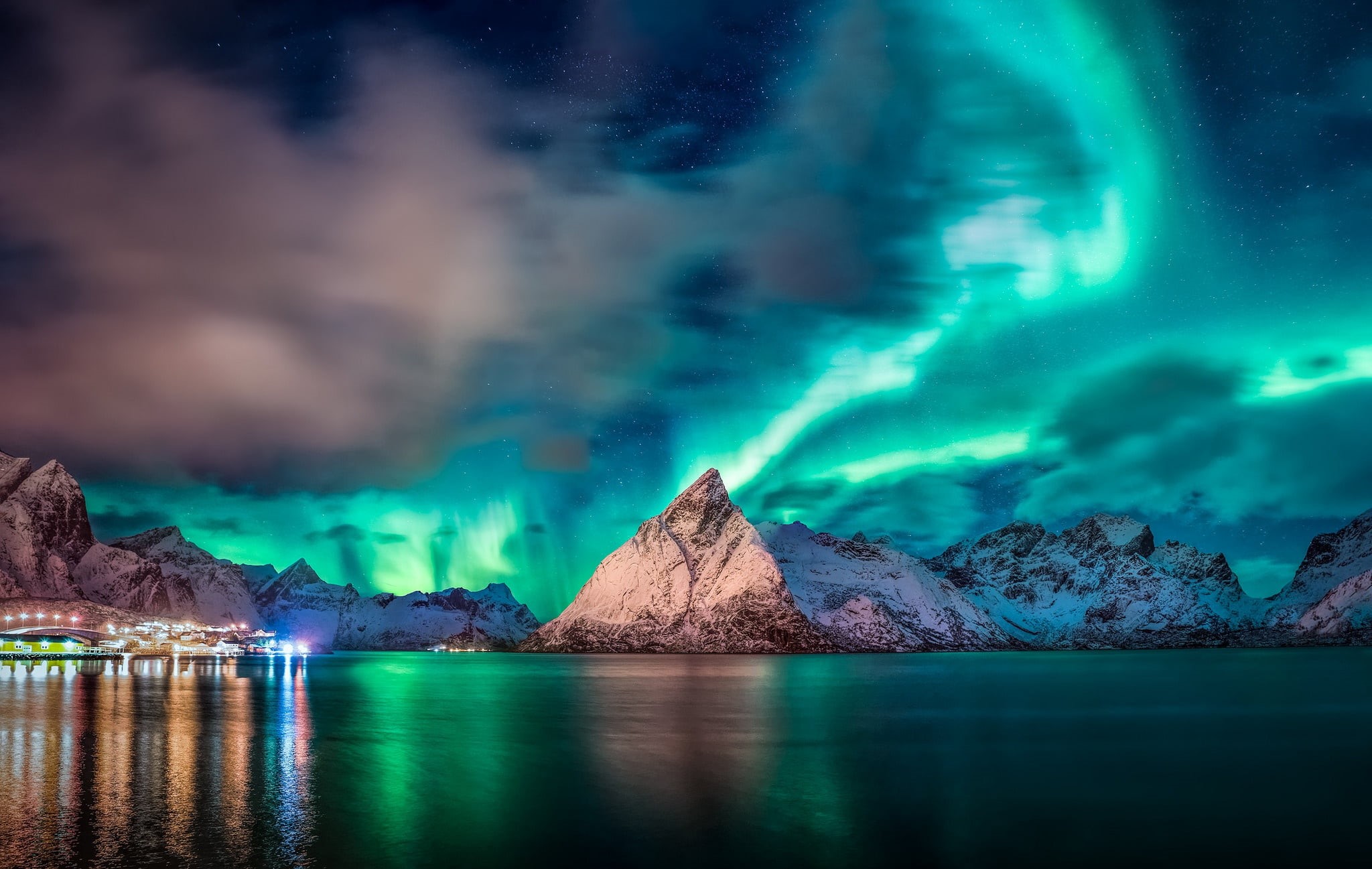 water, 1080P, no people, idyllic, aurorae, mountain range, sea, tranquil scene, cyan, lights, body, dramatic sky, turquoise, aurora polaris, tranquility, HD Wallpaper