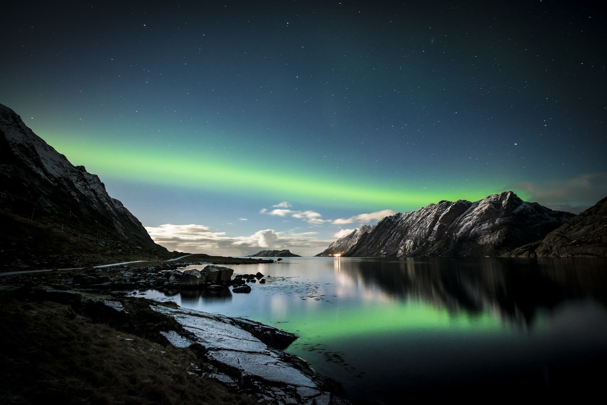 lights, star, aurora polaris, snow, space, star - space, idyllic, mountains, lake, 1080P, reflection, scenics - nature, road, Lofoten, winter, tranquil scene, HD Wallpaper