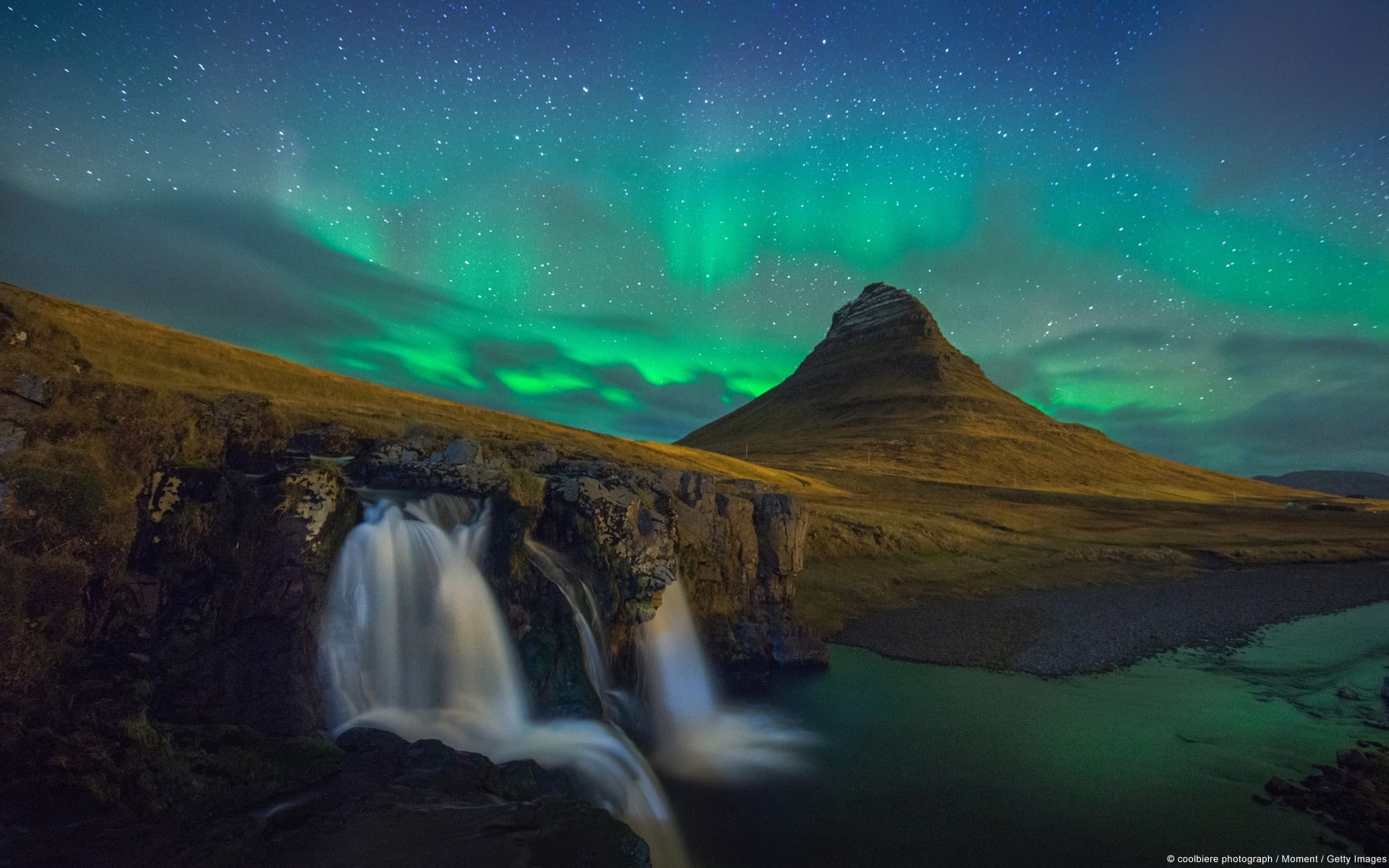 landscape, mountain, tranquil scene, cold temperature, night, water, brown, space, scenics - nature, wallpape, kirkjufell, flowing water, aurora polaris, HD Wallpaper