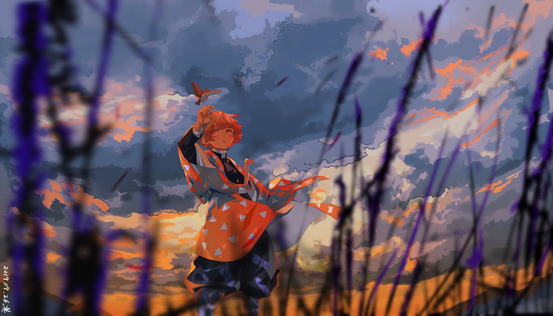 Zenitsu Agatsuma, Kimetsu no Yaiba, 1080P, sky, clouds, anime, 2D, artwork, HD Wallpaper