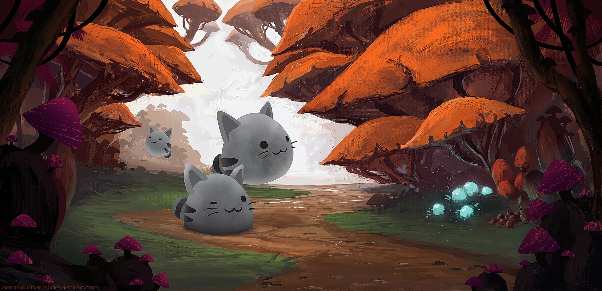 digital art, drawing, illustration, cats, landscape, artwork, orange, trees, slimes, happy, forest, 1080P, green, Anton Kurbatov, mushroom, gray, environment, HD Wallpaper