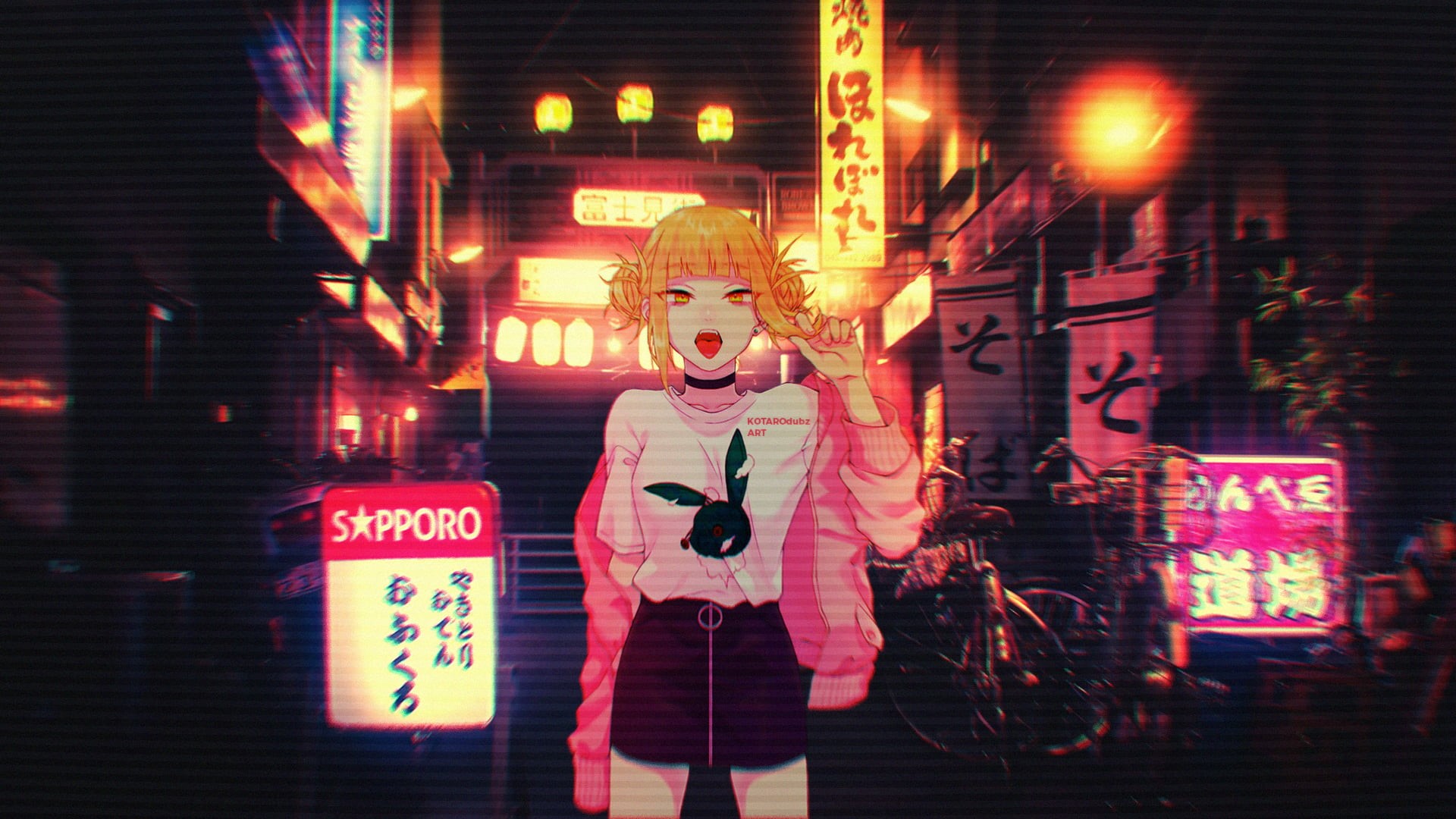 neon, VHS, anime, 2D, Himiko Toga, simple, My Hero Acadamia, simple background, anime girls, artwork, digital art, Boku no Hero Academia, 1080P, glitch, HD Wallpaper