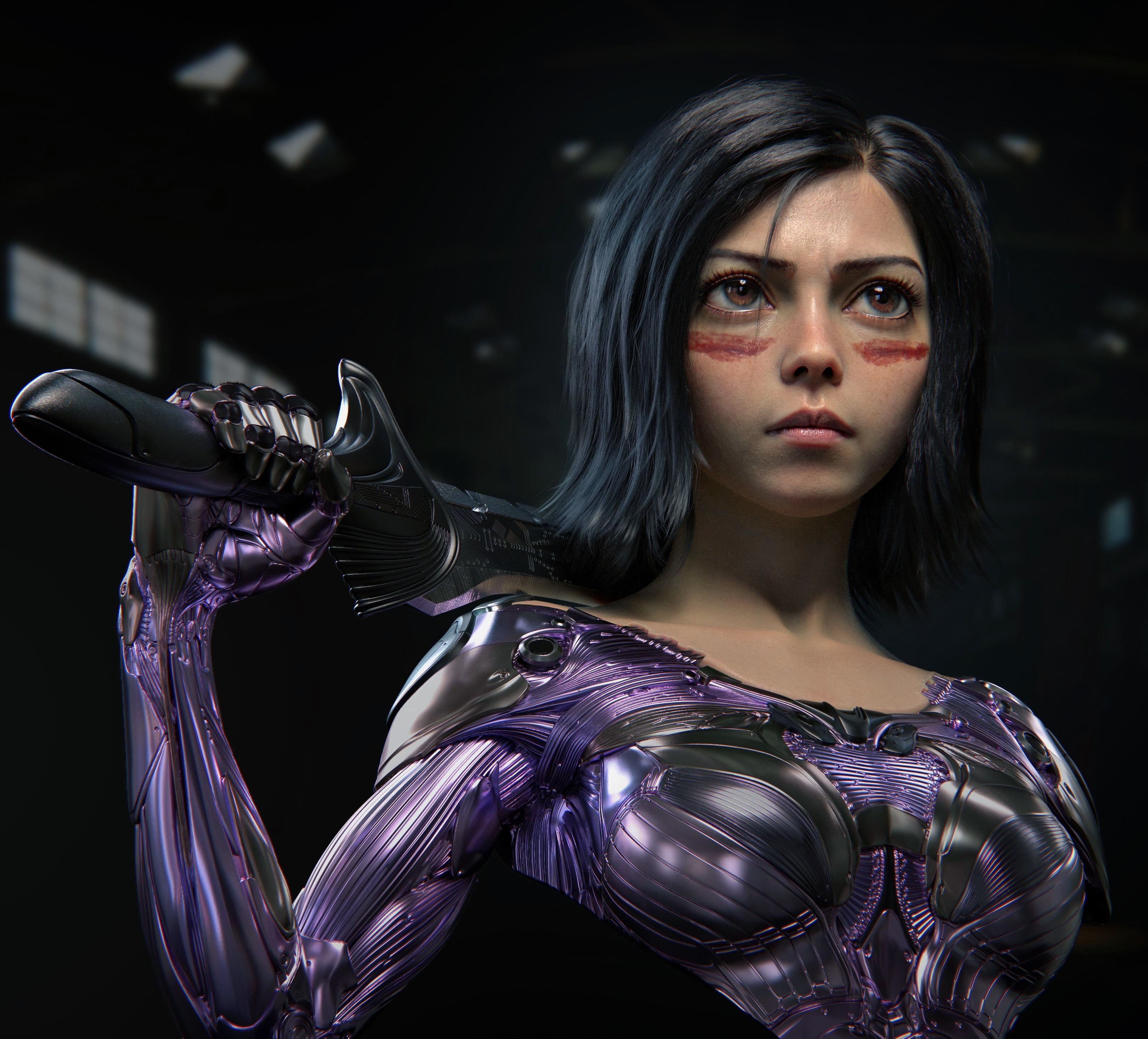 brown eyes, Alita: Battle Angel, digital art, fan art, 2K, ArtStation, cyborg, dark hair, HD Wallpaper