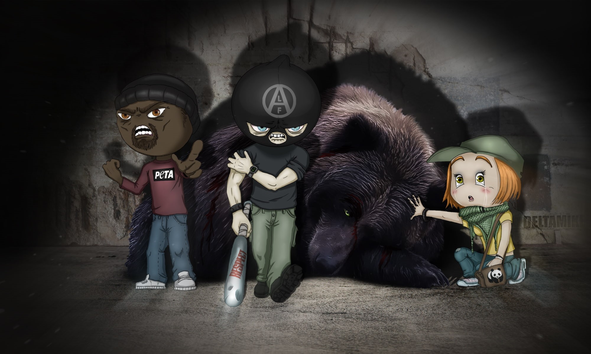 cap, tears, wounds, night, 1080P, men, art, illustration, emotions, girl, guys, dog, mask, wearing, man, Panda, bit, protection, HD Wallpaper
