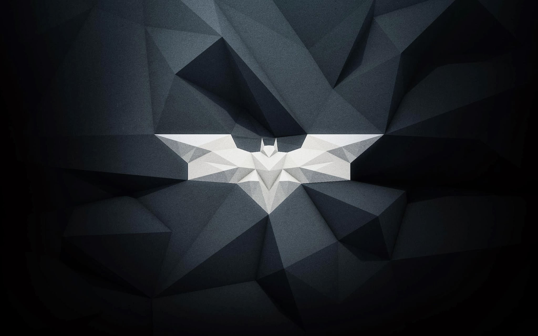 abstract, logo, 1080P, Bat signal, white, crystal, backgrounds, geometric shape, shape, black, close-up, design, low poly, no people, single object, creativity, HD Wallpaper