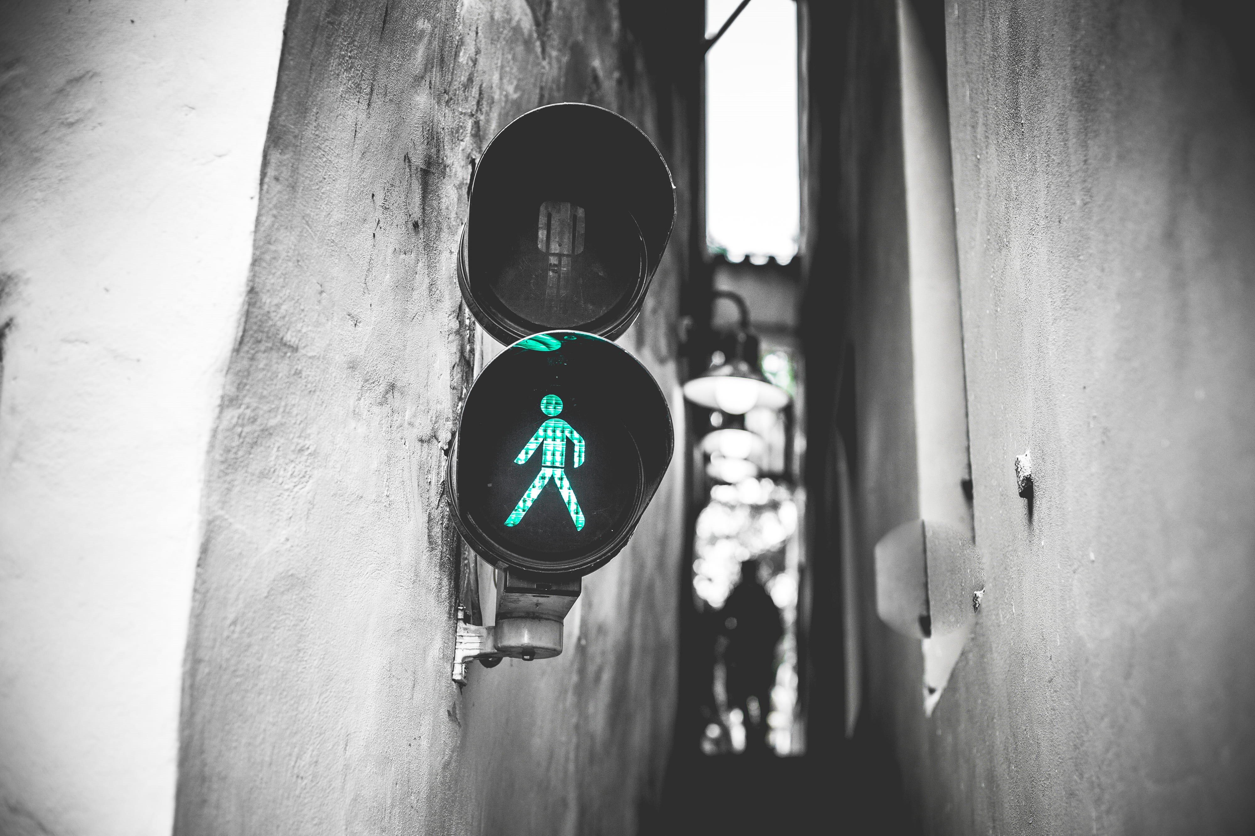 bw, transportation, representation, narrowest street, wall - building feature, city Life, Prague, city, traffic, road signal, 4K, pedestrian crossing, HD Wallpaper
